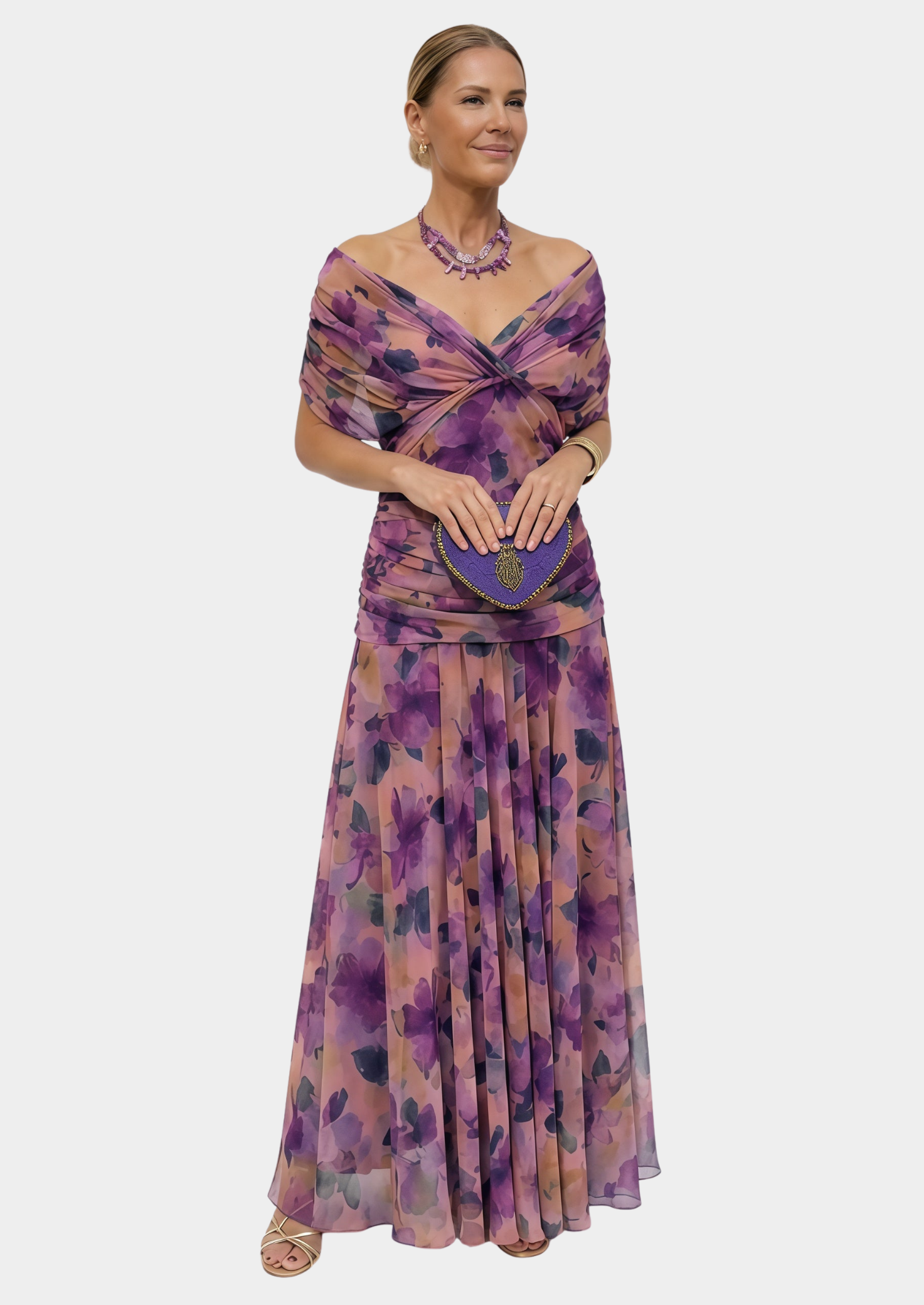 Women’s Floral Draped Maxi Dress with V-Neck and Gathered Waist