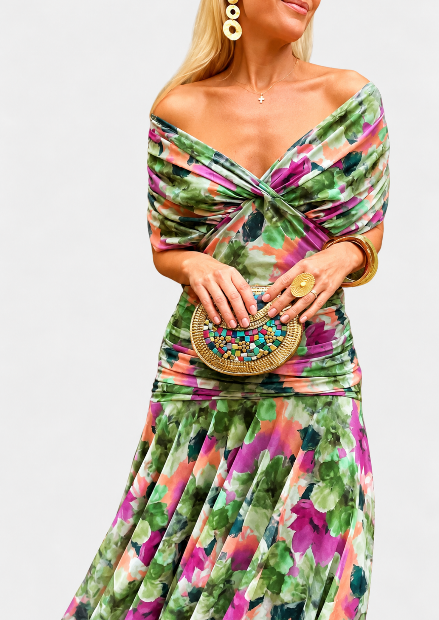 Women’s Floral Draped Maxi Dress with V-Neck and Gathered Waist