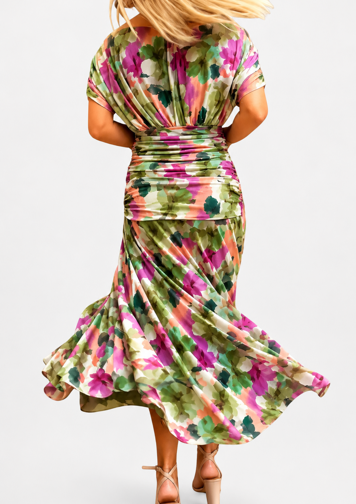 Women’s Floral Draped Maxi Dress with V-Neck and Gathered Waist