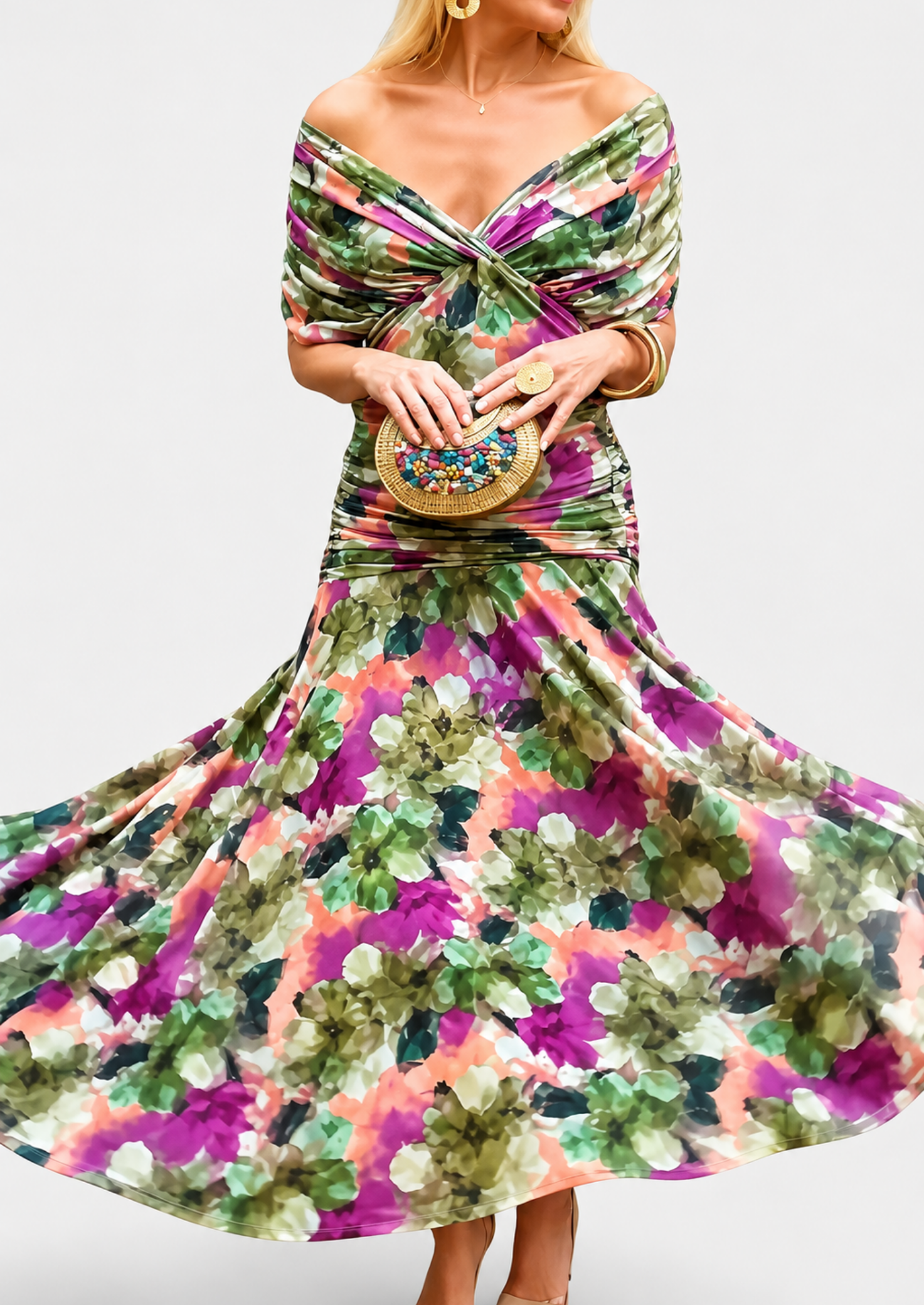 Women’s Floral Draped Maxi Dress with V-Neck and Gathered Waist