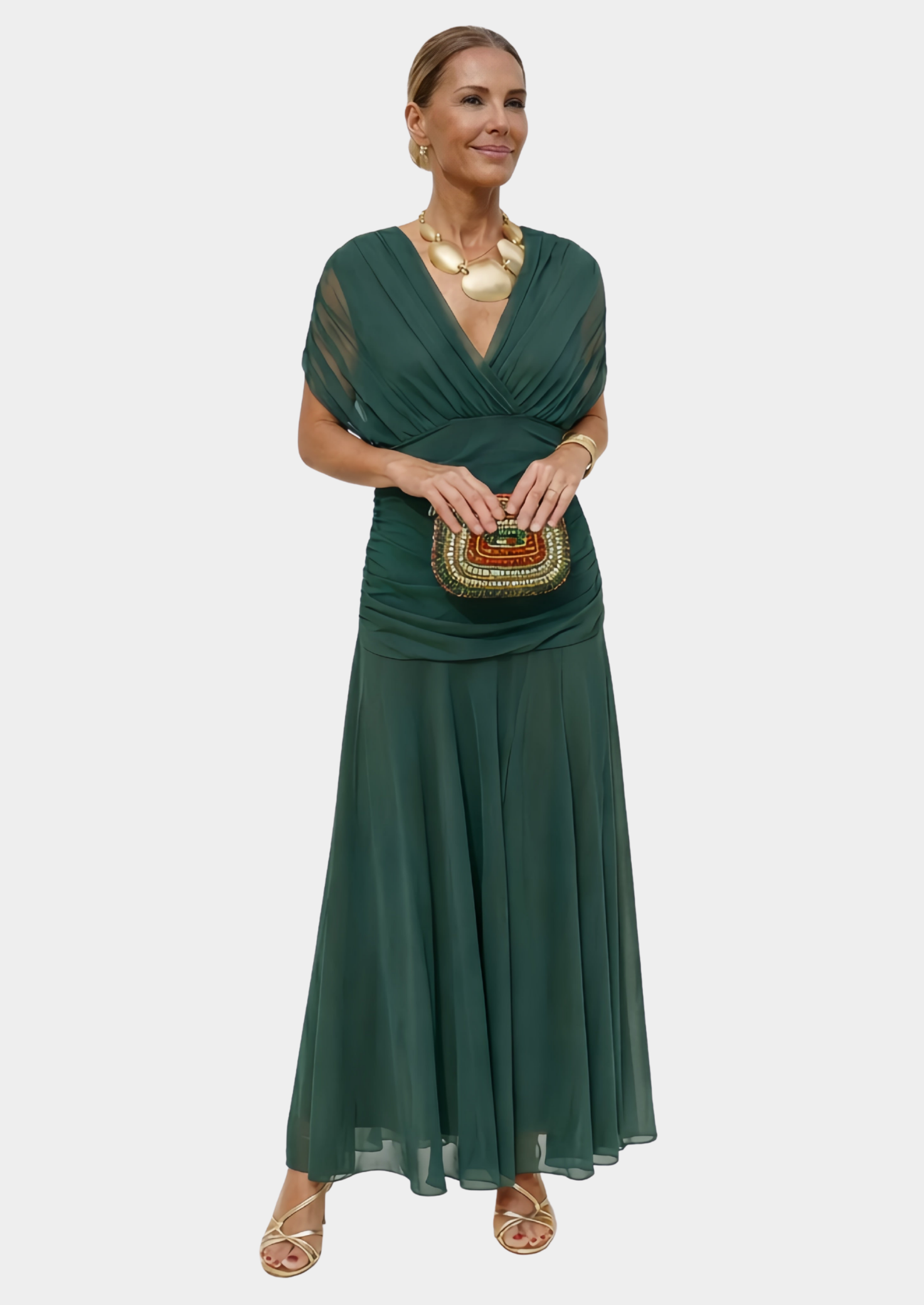 Women’s Floral Draped Maxi Dress with V-Neck and Gathered Waist