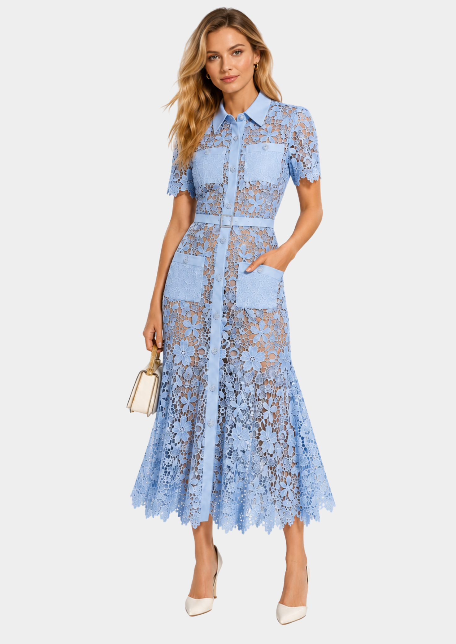 Women’s Floral Lace Midi Dress with Short Sleeves and Belt