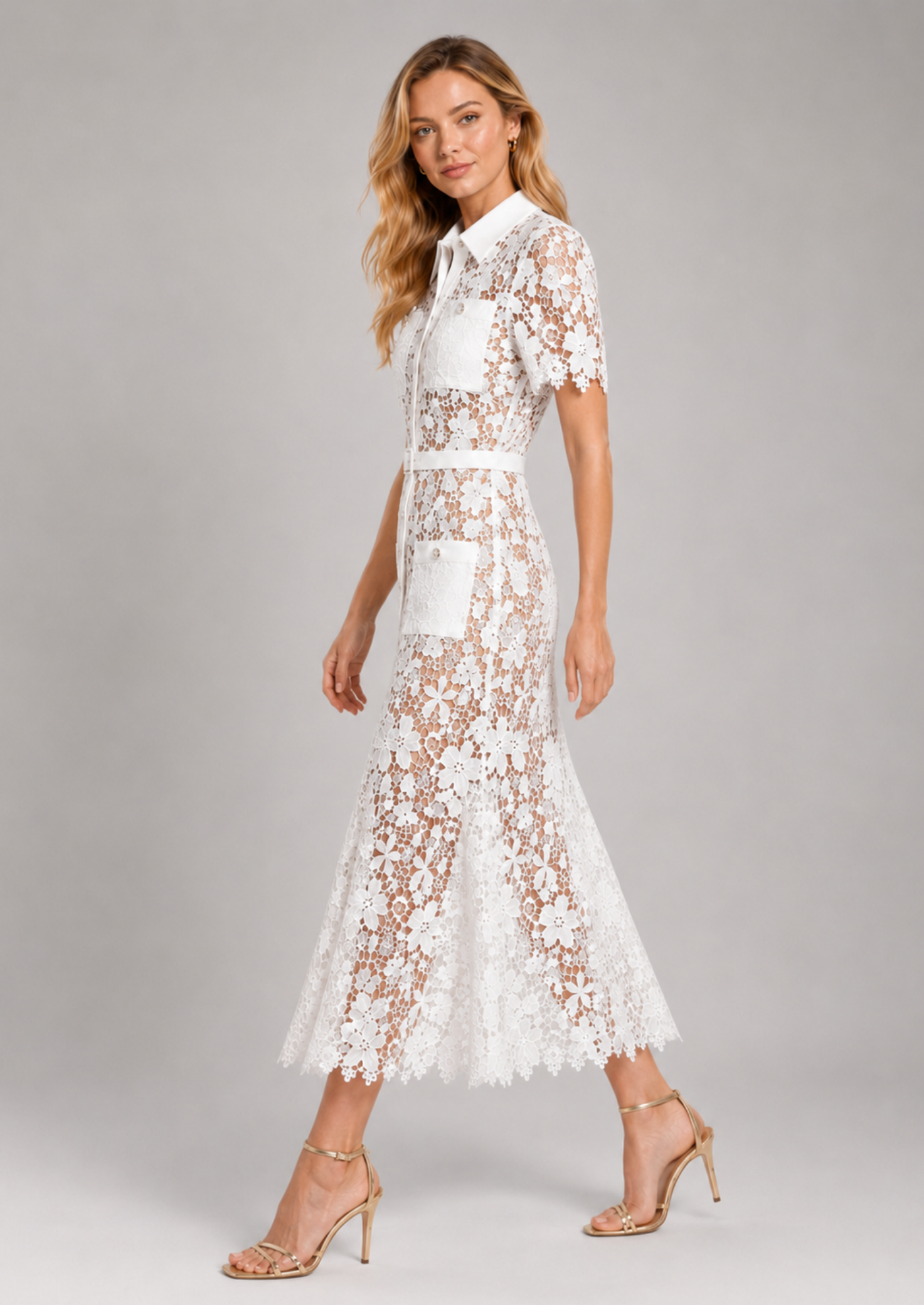 Women’s Floral Lace Midi Dress with Short Sleeves and Belt