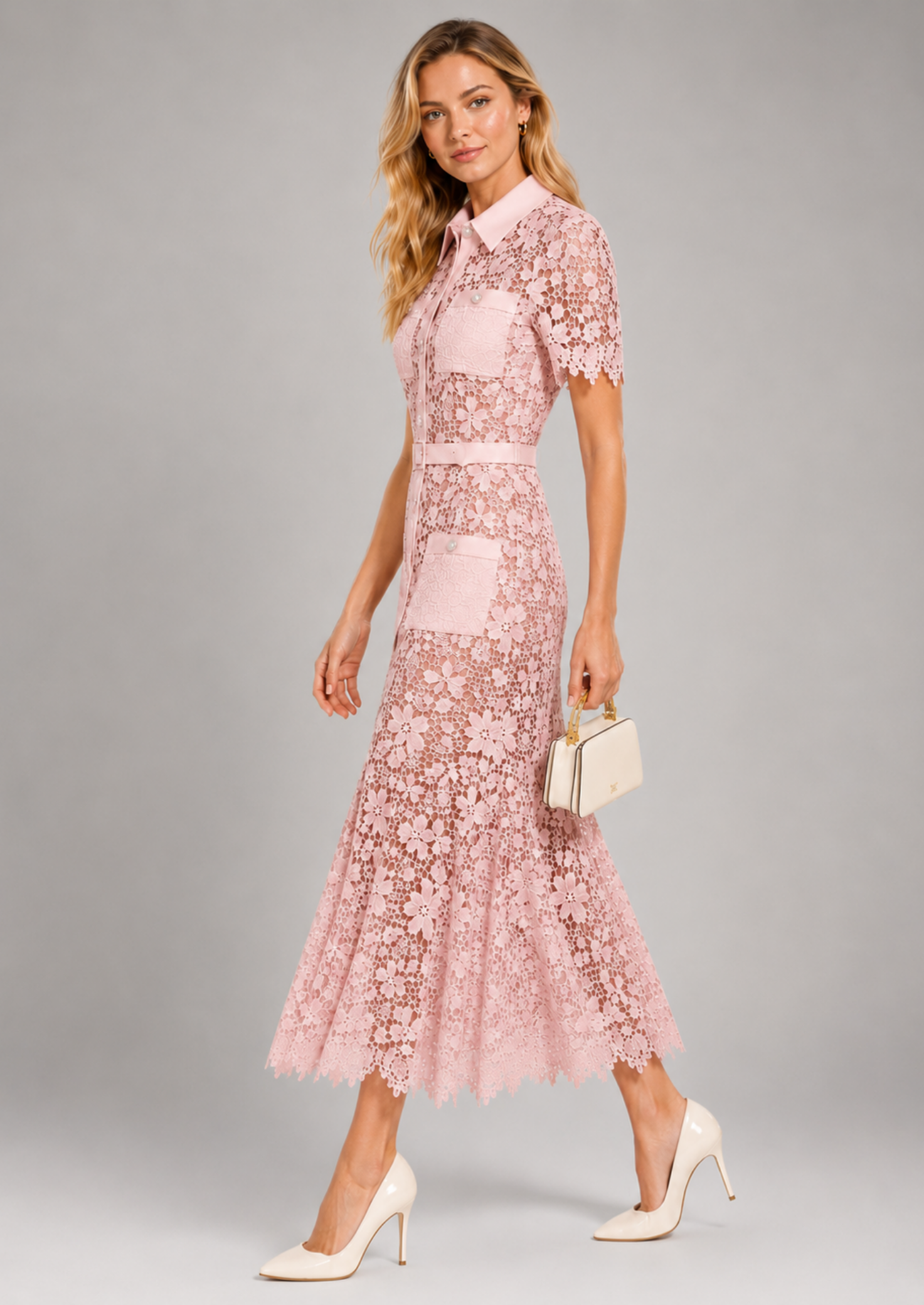 Women’s Floral Lace Midi Dress with Short Sleeves and Belt