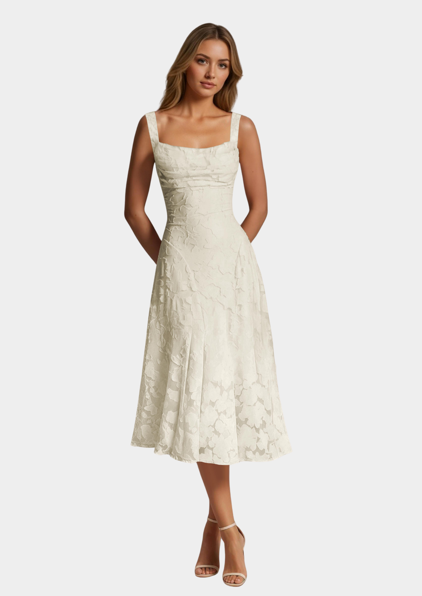 Women’s Floral Lace Midi Dress with Square Neckline