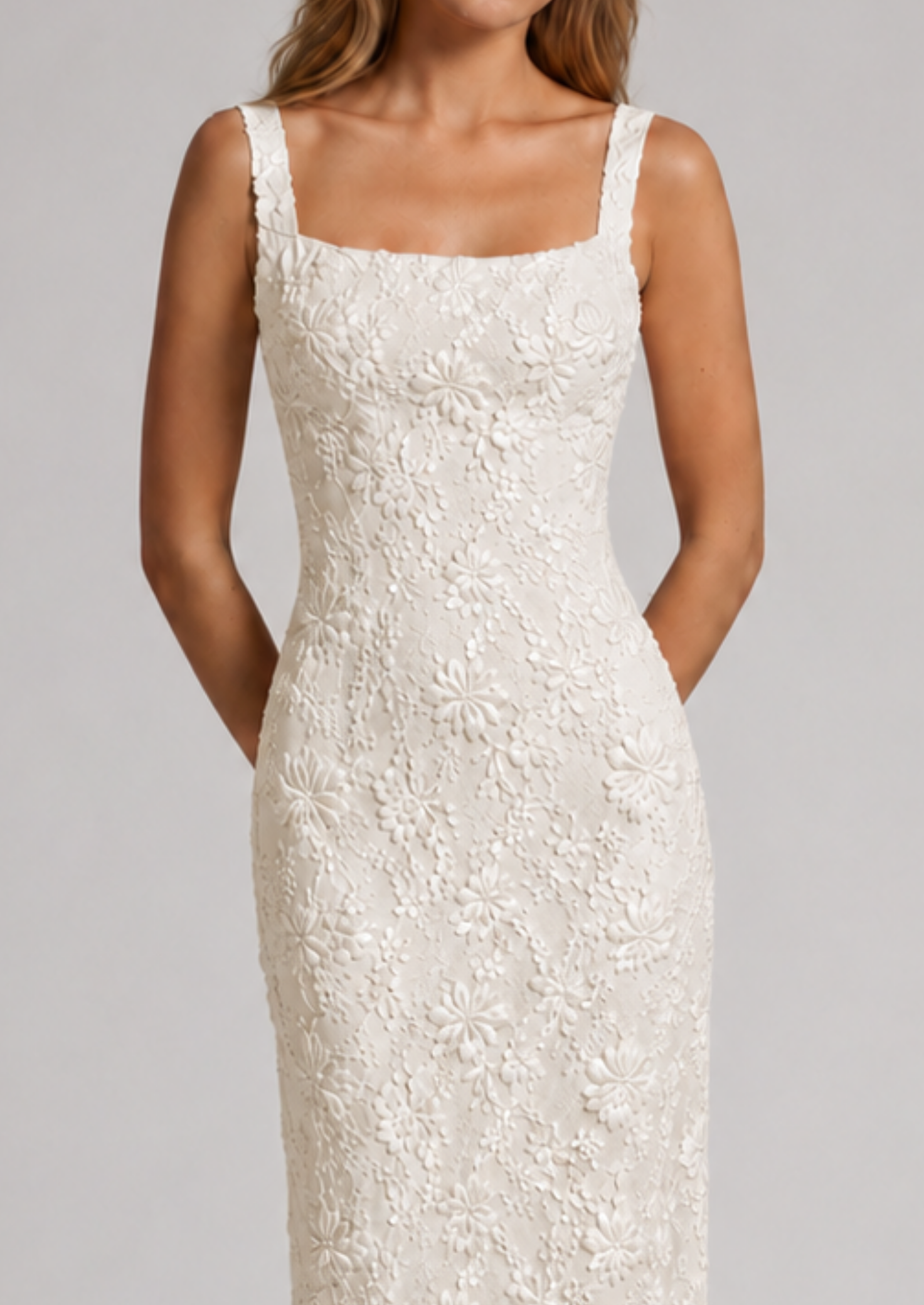 Women’s Floral Lace Midi Dress with Square Neckline