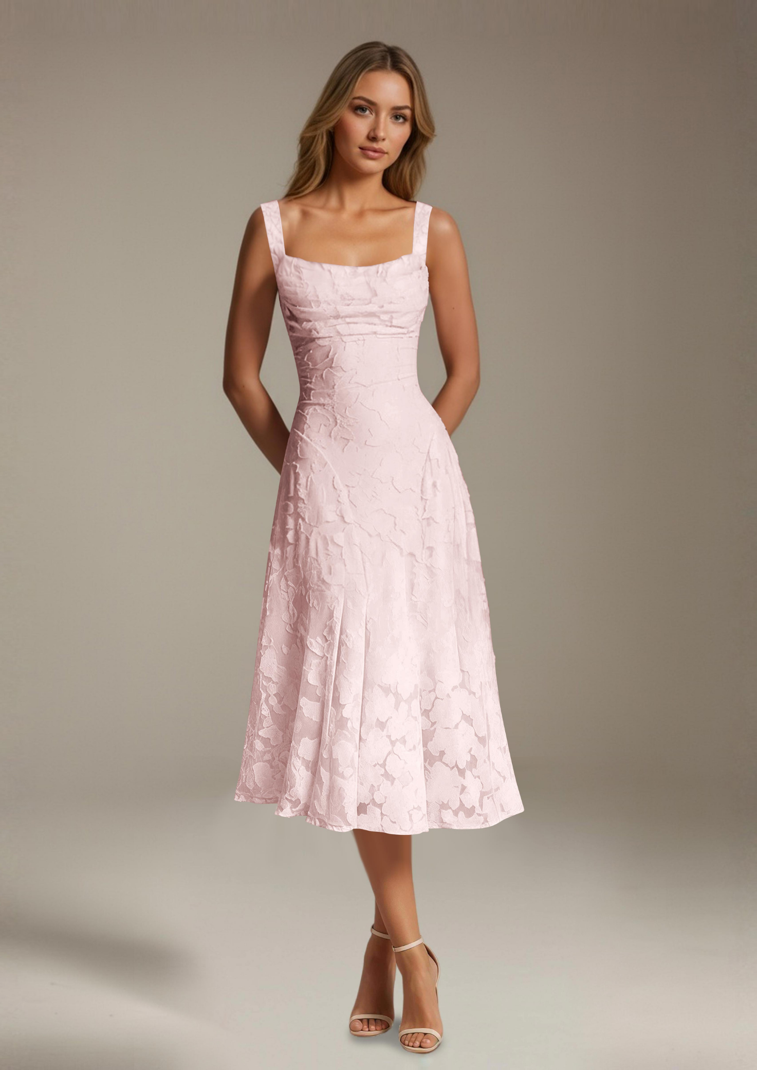 Women’s Floral Lace Midi Dress with Square Neckline