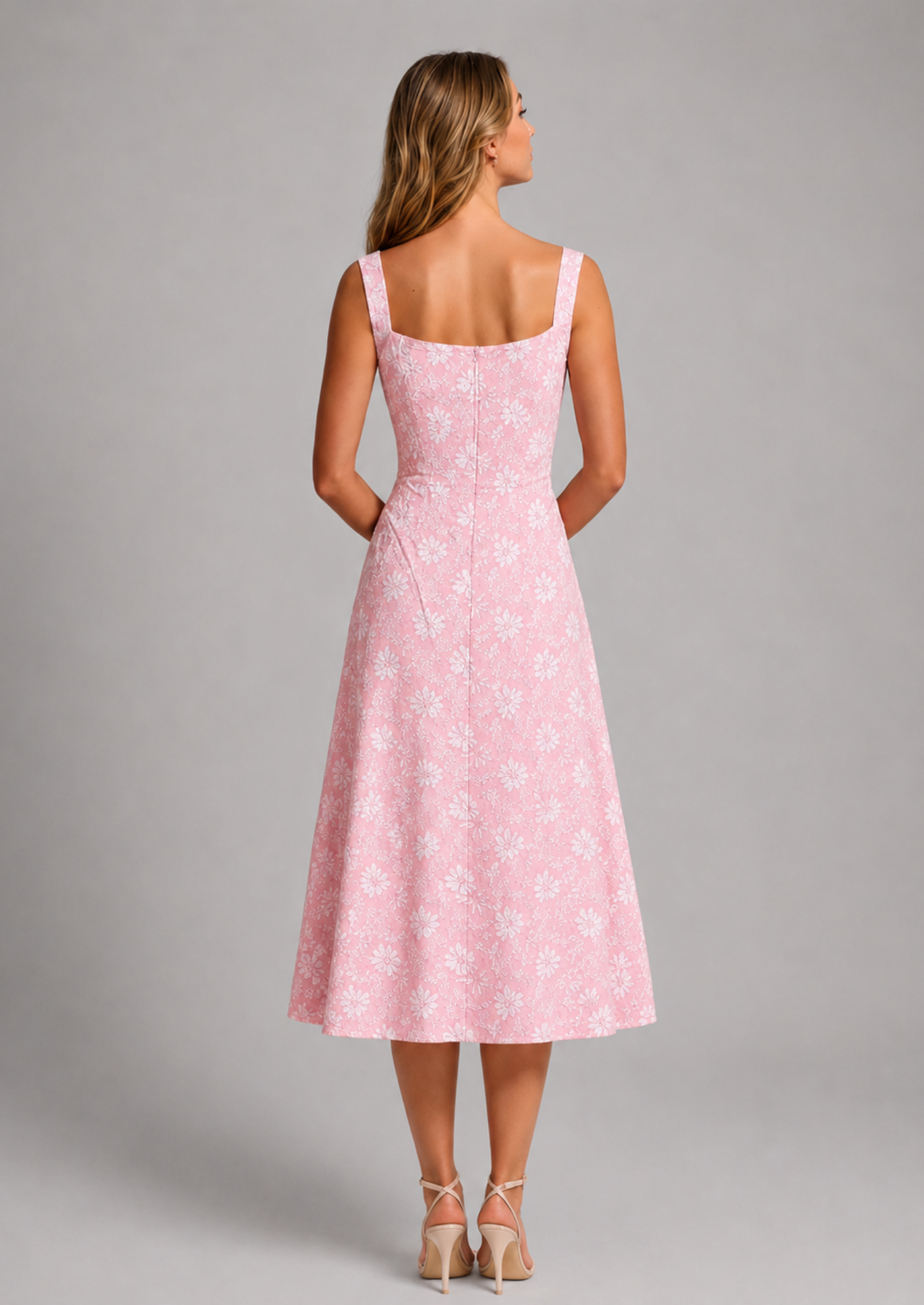 Women’s Floral Lace Midi Dress with Square Neckline