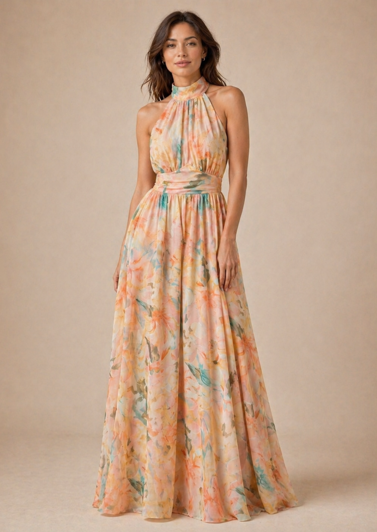 Women’s Floral Maxi Dress with Halter Neck and Flowing Skirt