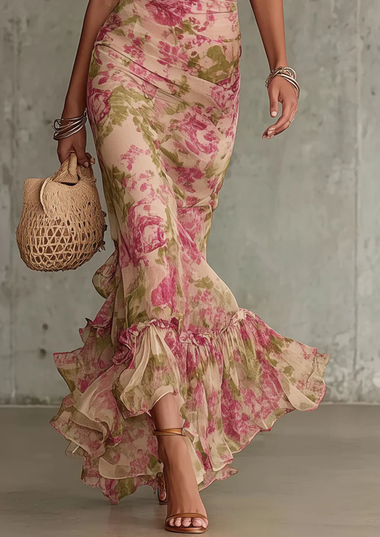 Women’s Floral Maxi Dress with High Neck and Puff Sleeves