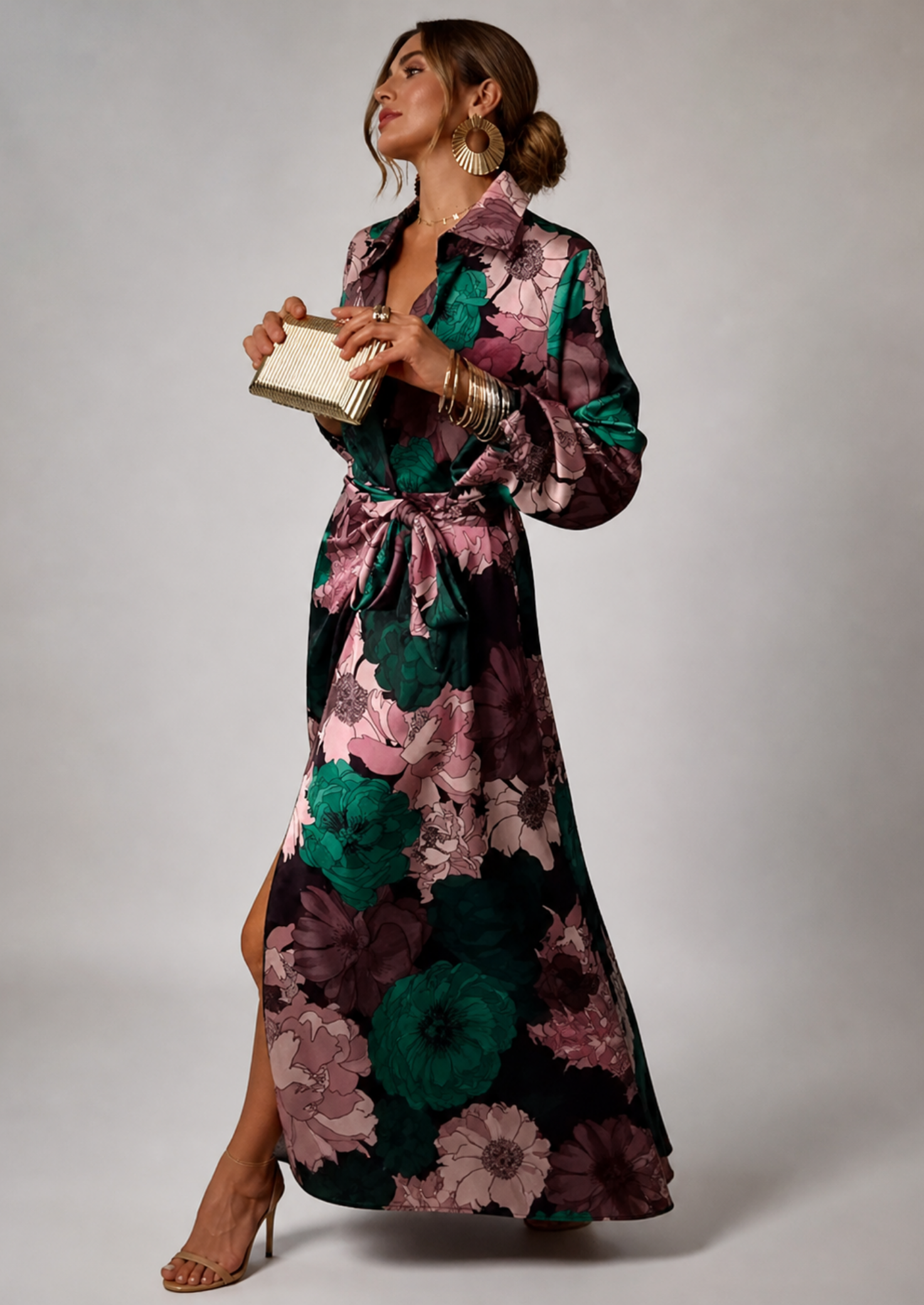 Women’s Floral Maxi Dress with Long Sleeves and Belt