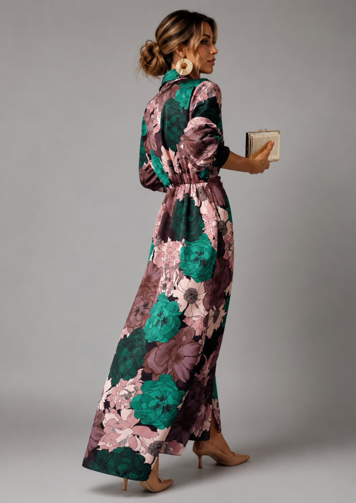Women’s Floral Maxi Dress with Long Sleeves and Belt