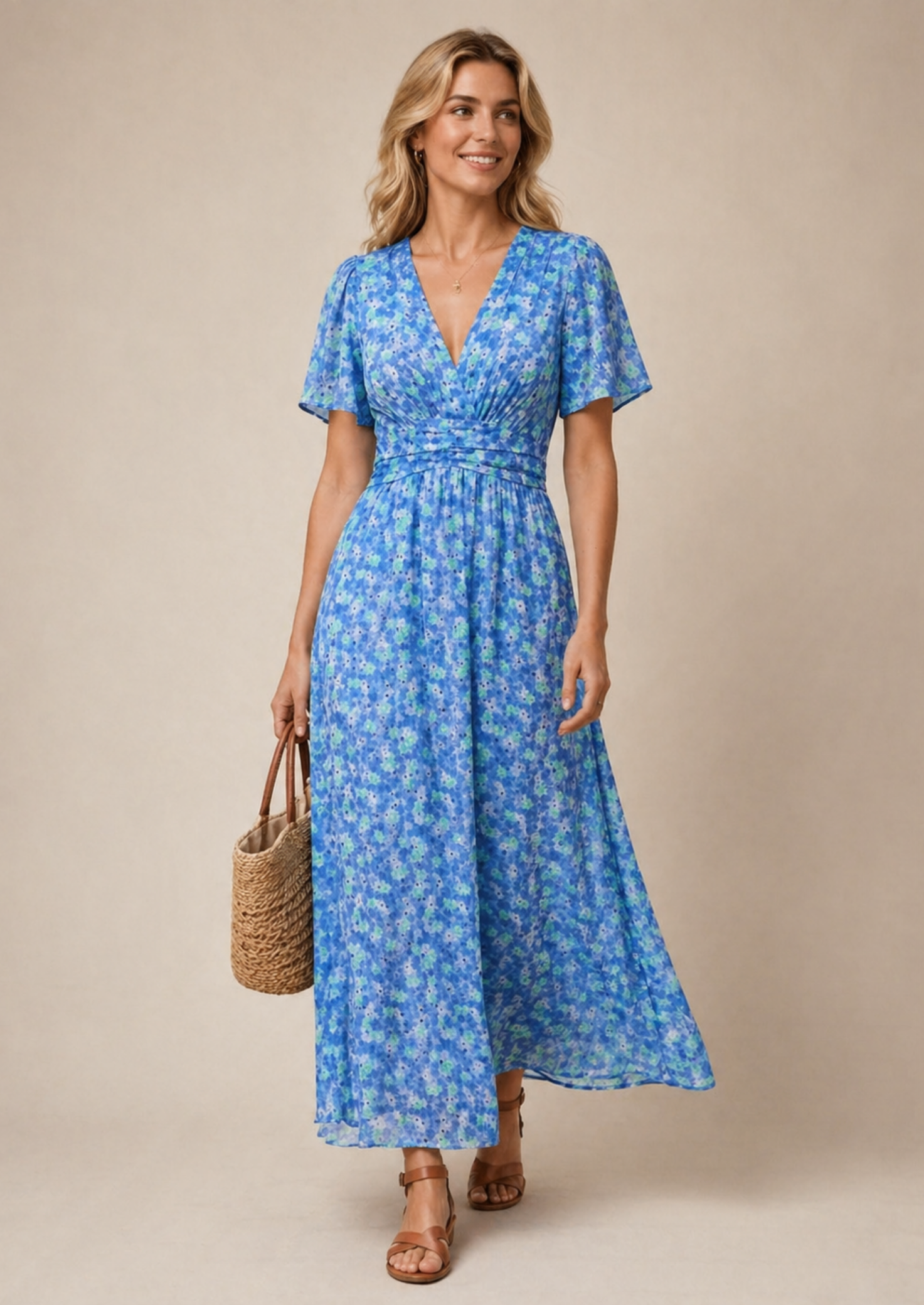 Women’s Floral Maxi Dress with V-Neck and Gathered Waist