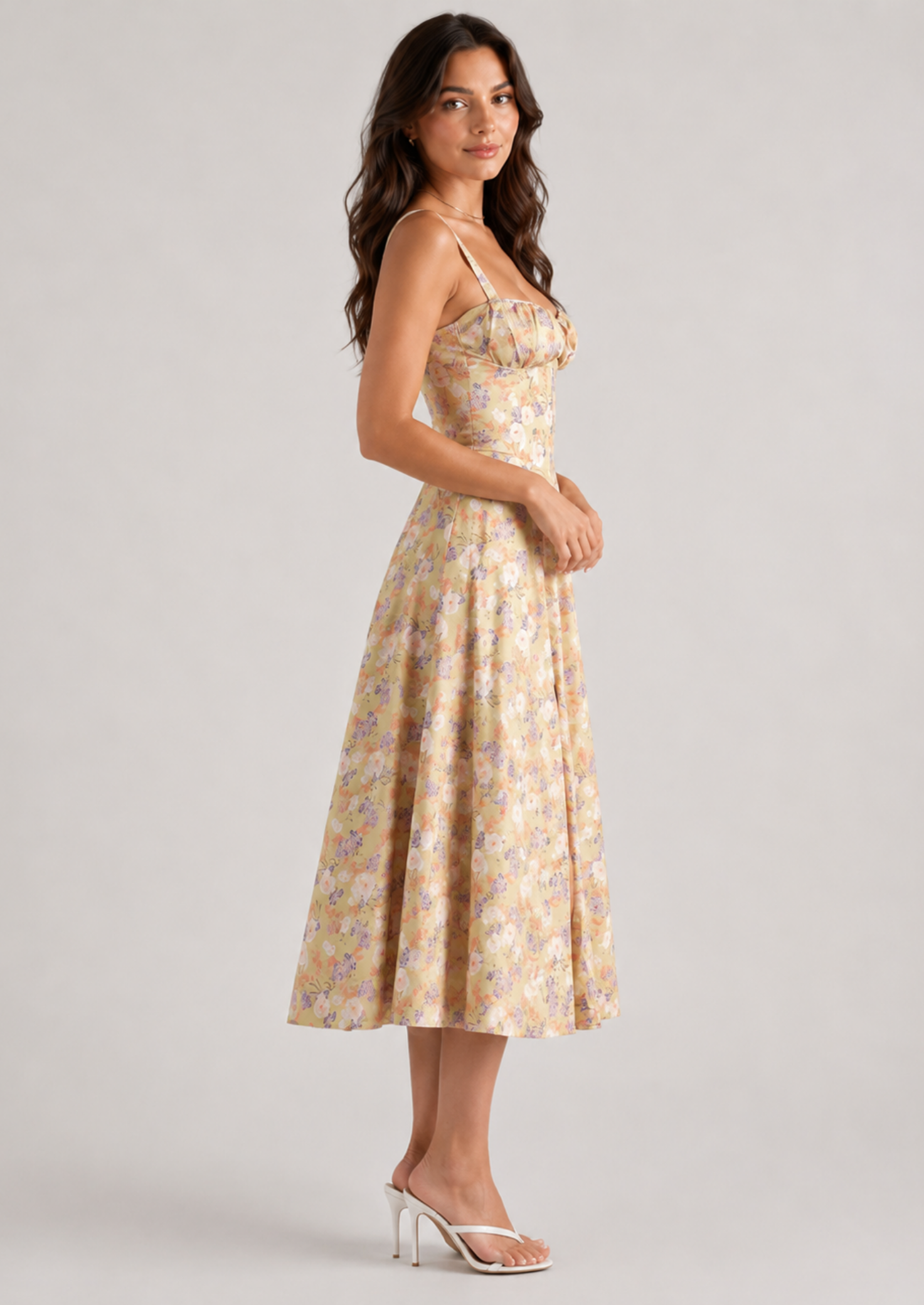 Women’s Floral Midi Dress with Corset Bodice