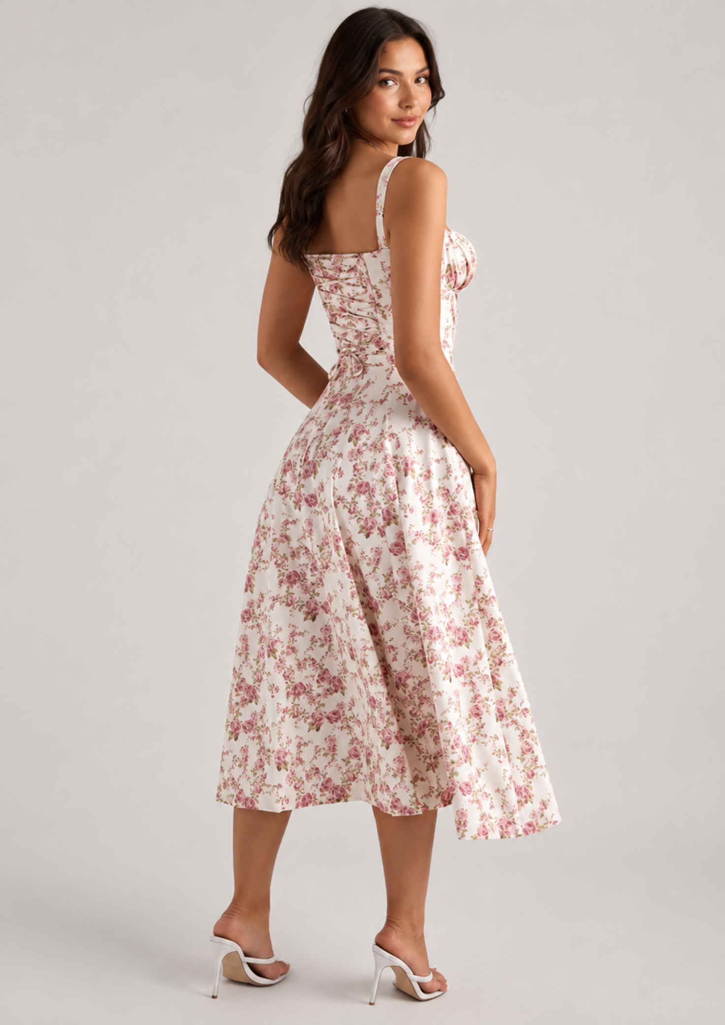 Women’s Floral Midi Dress with Corset Bodice