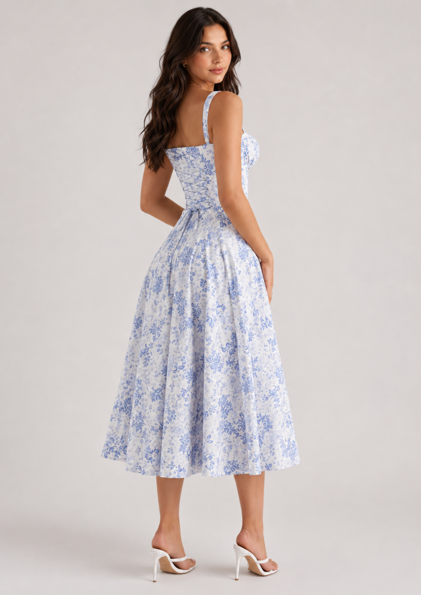 Women’s Floral Midi Dress with Corset Bodice