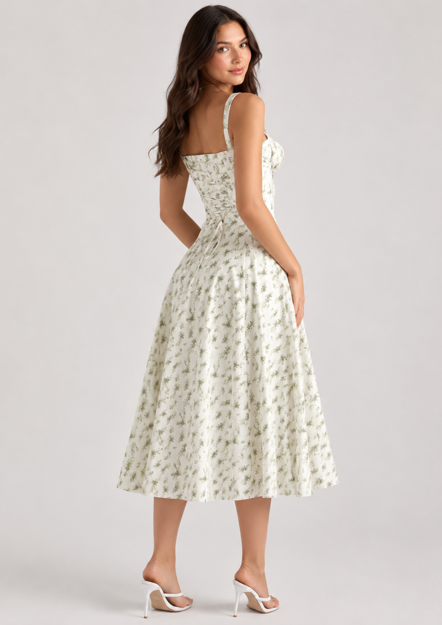 Women’s Floral Midi Dress with Corset Bodice