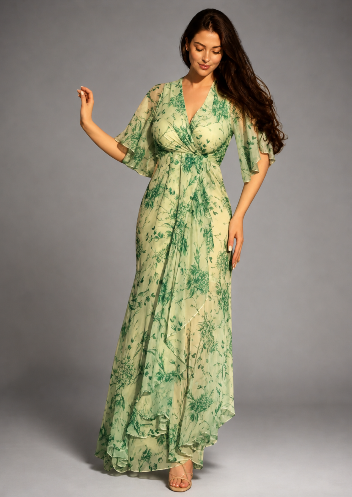 Women’s Floral V-Neck Maxi Dress with Short Sleeves