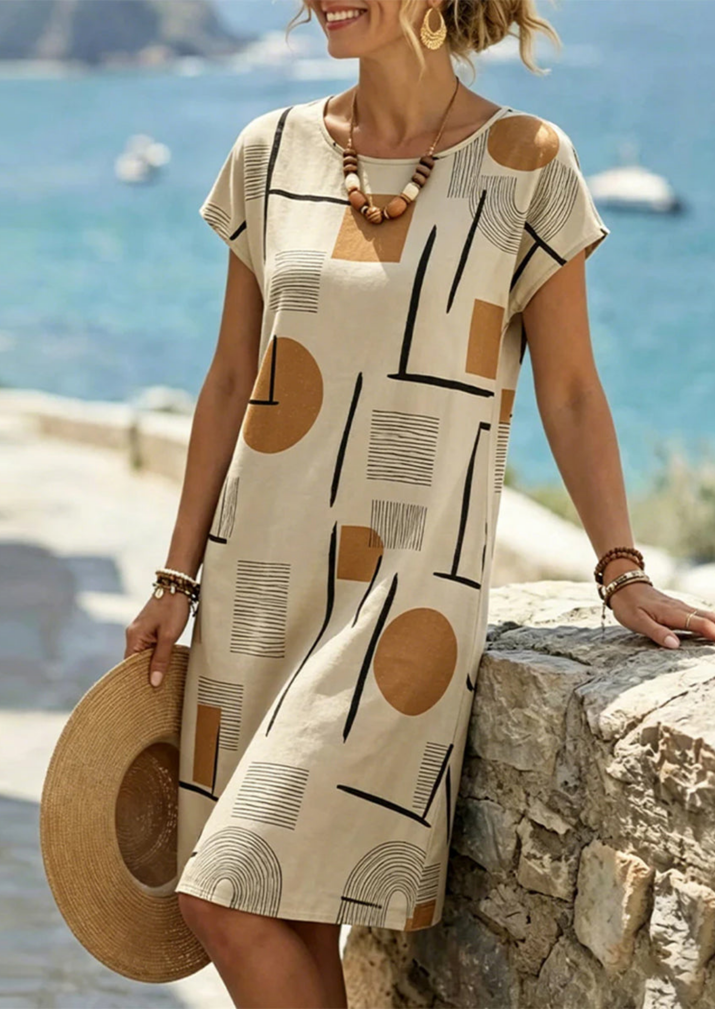 Women’s Geometric Print Midi Dress with Short Sleeves