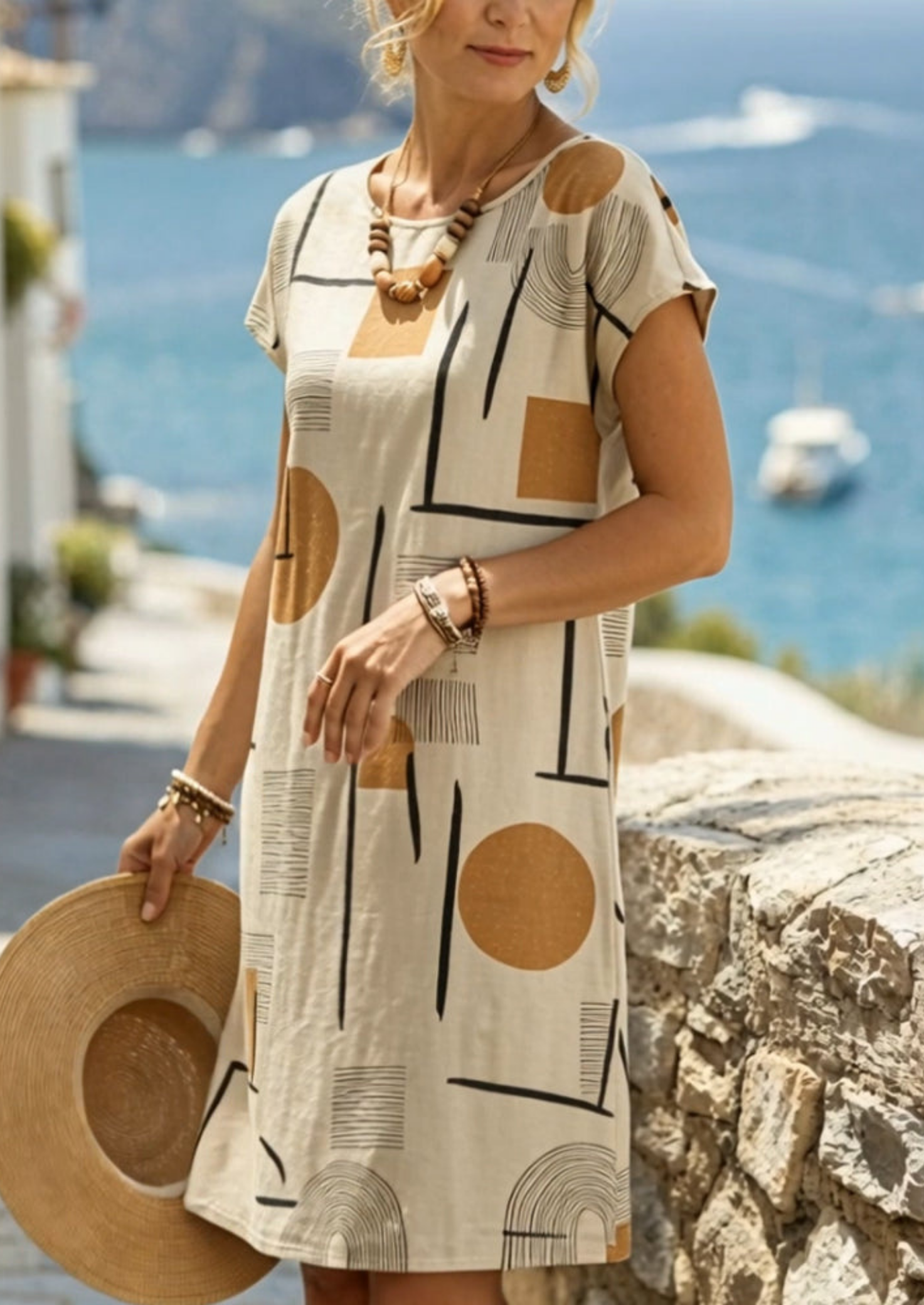 Women’s Geometric Print Midi Dress with Short Sleeves
