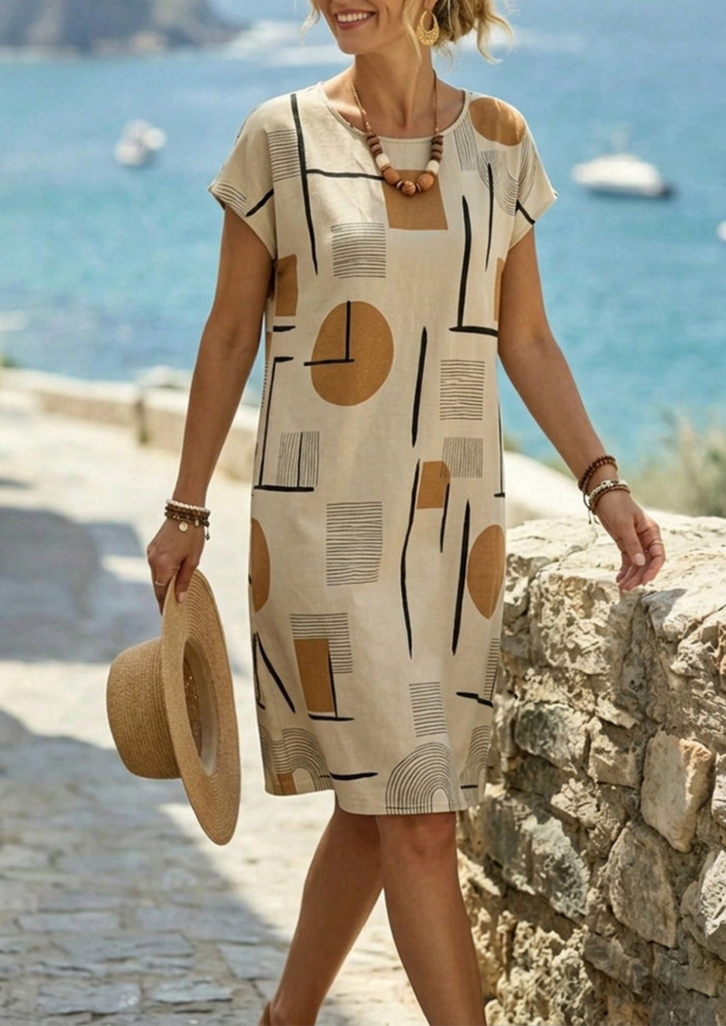 Women’s Geometric Print Midi Dress with Short Sleeves