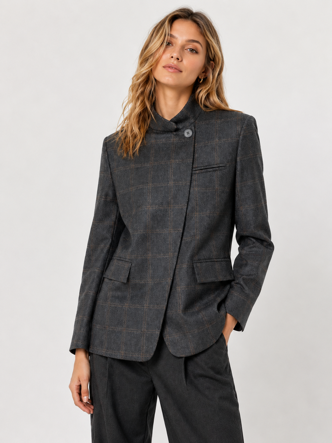 Women’s Grey Plaid Blazer with Asymmetrical Collar