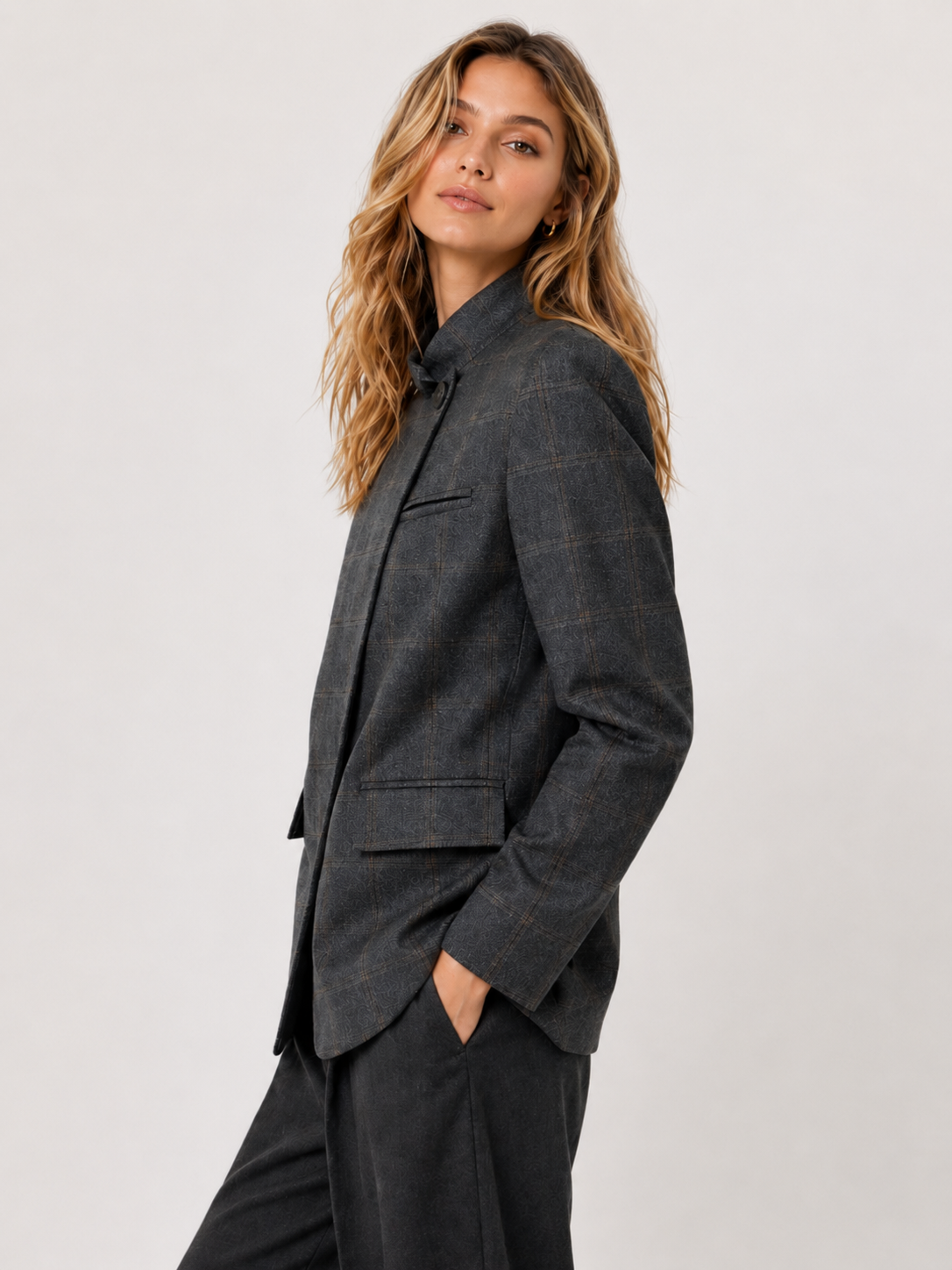 Women’s Grey Plaid Blazer with Asymmetrical Collar