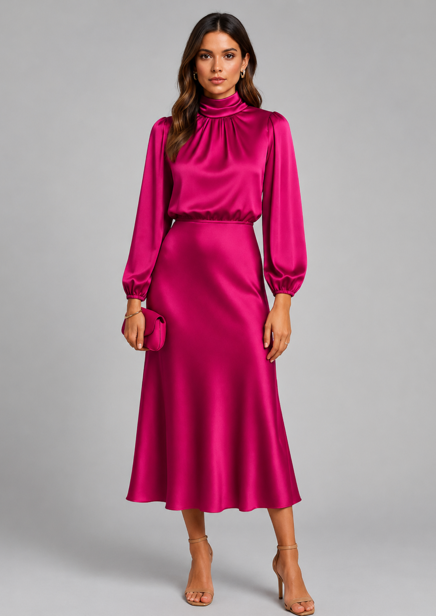 Women’s High Neck Midi Dress with Long Sleeves