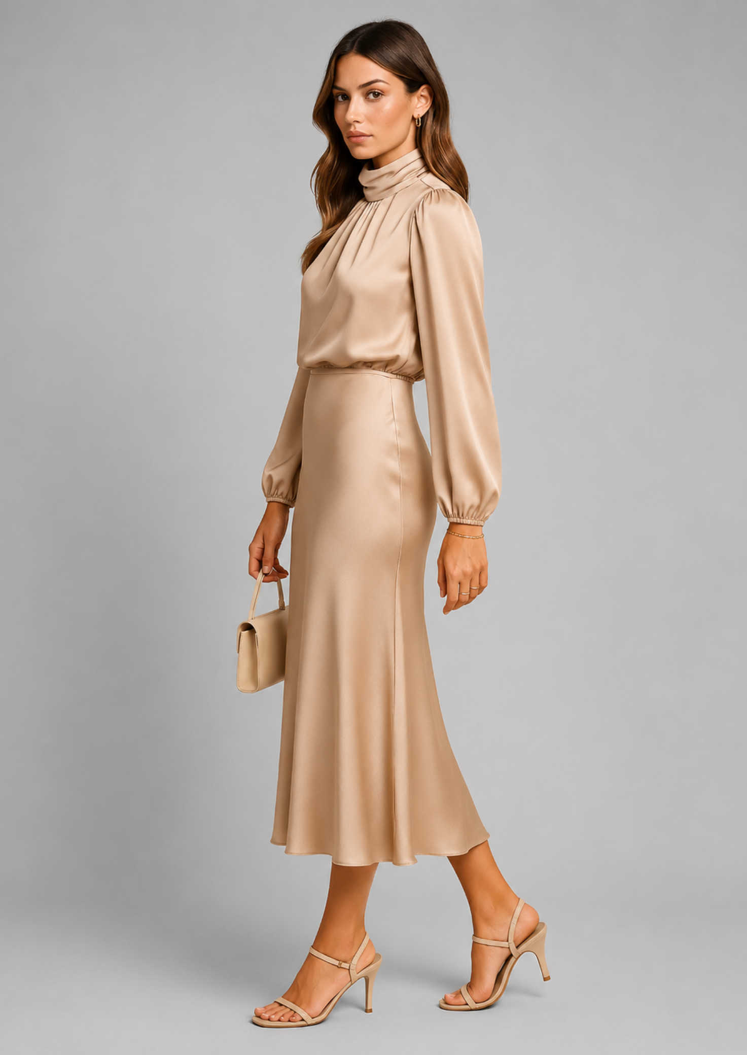 Women’s High Neck Midi Dress with Long Sleeves