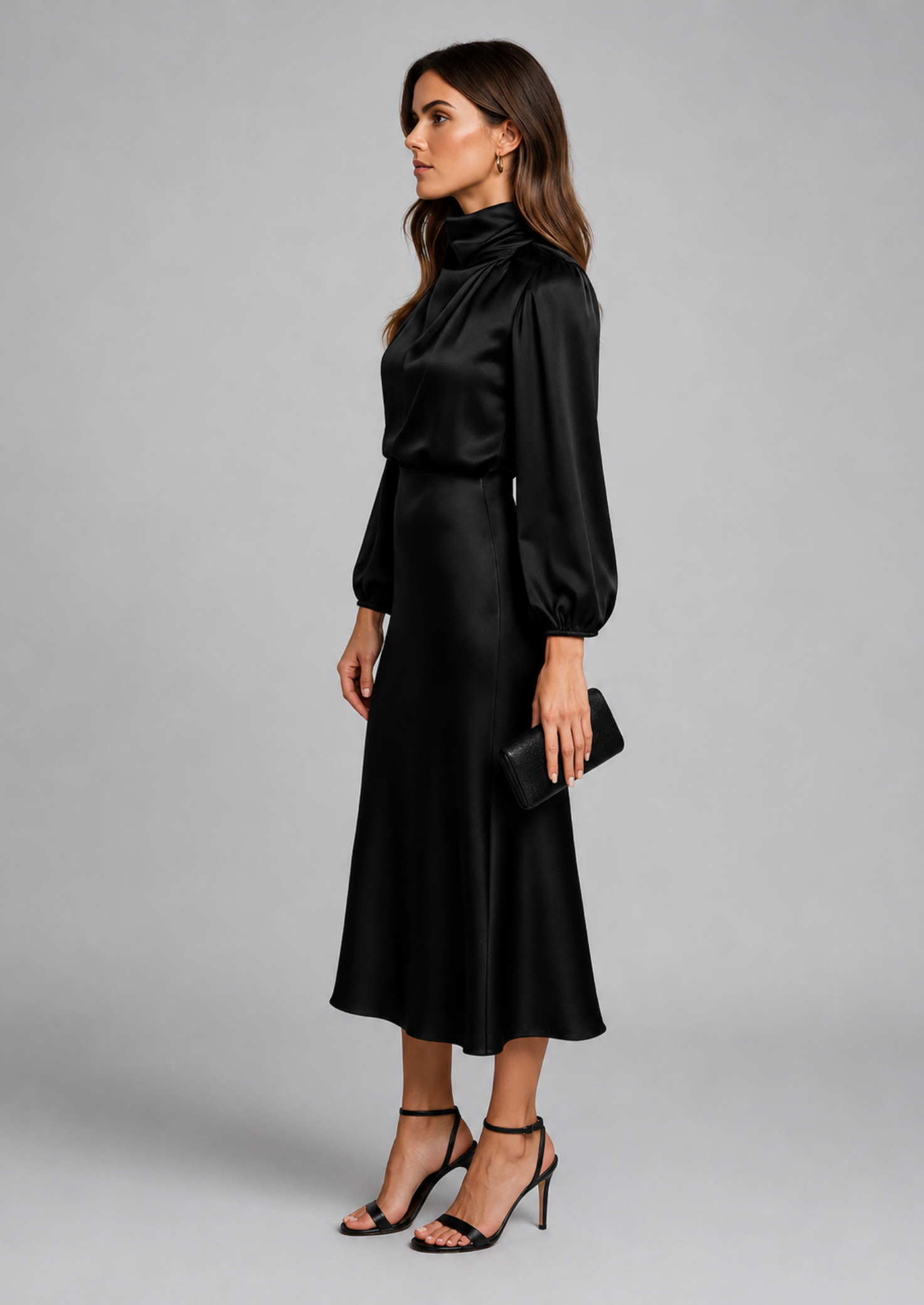 Women’s High Neck Midi Dress with Long Sleeves