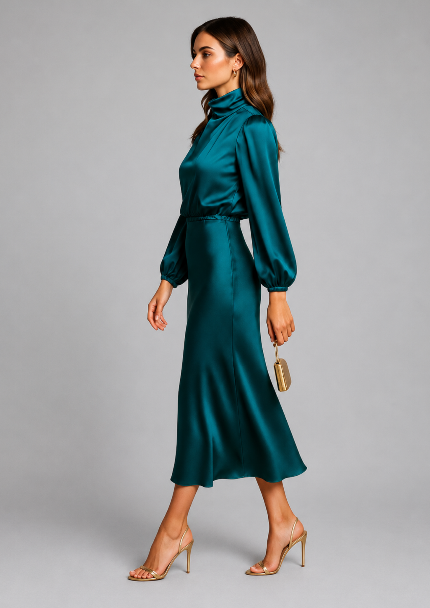 Women’s High Neck Midi Dress with Long Sleeves