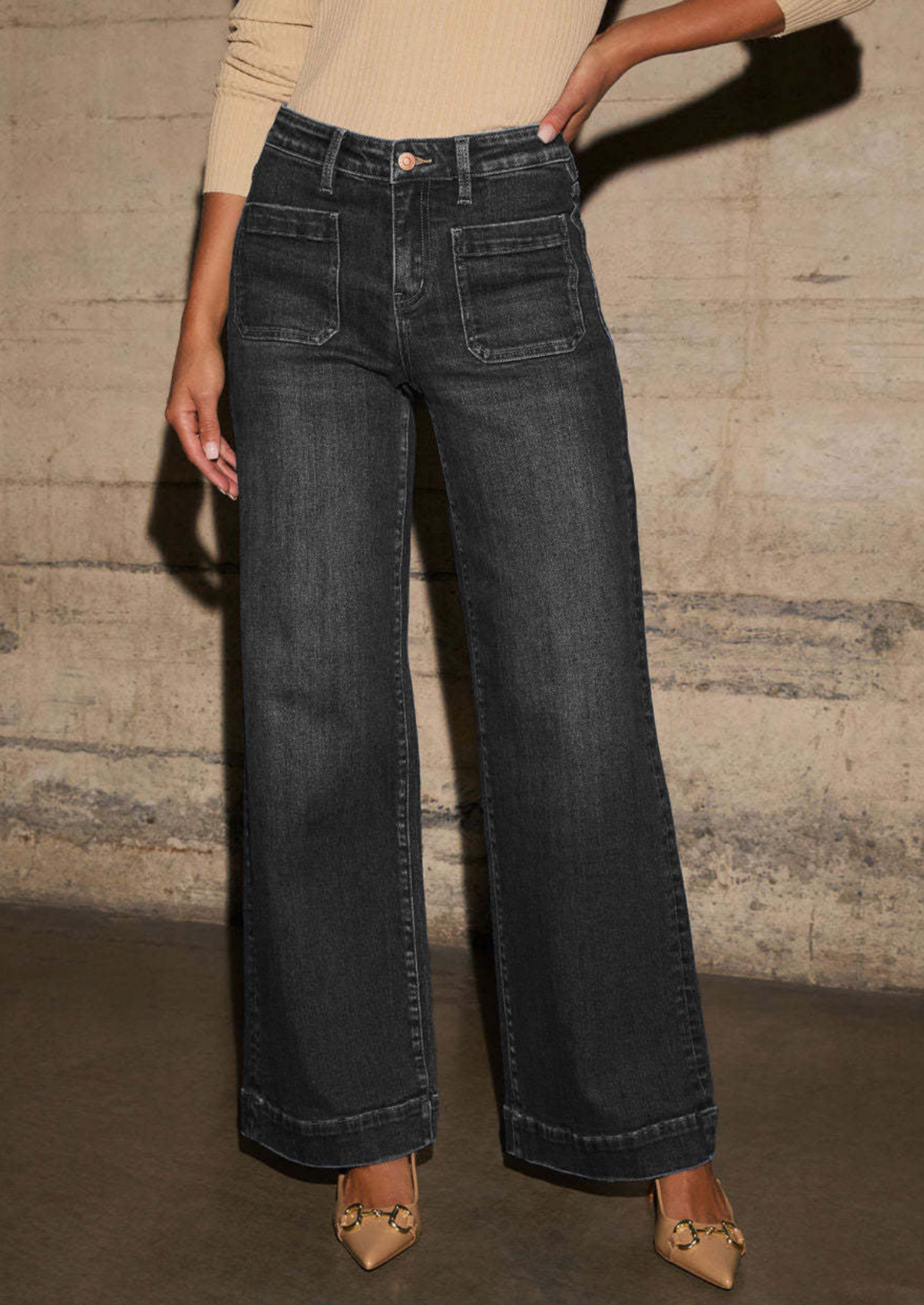 Women’s High Waist Wide-Leg Jeans with Pockets