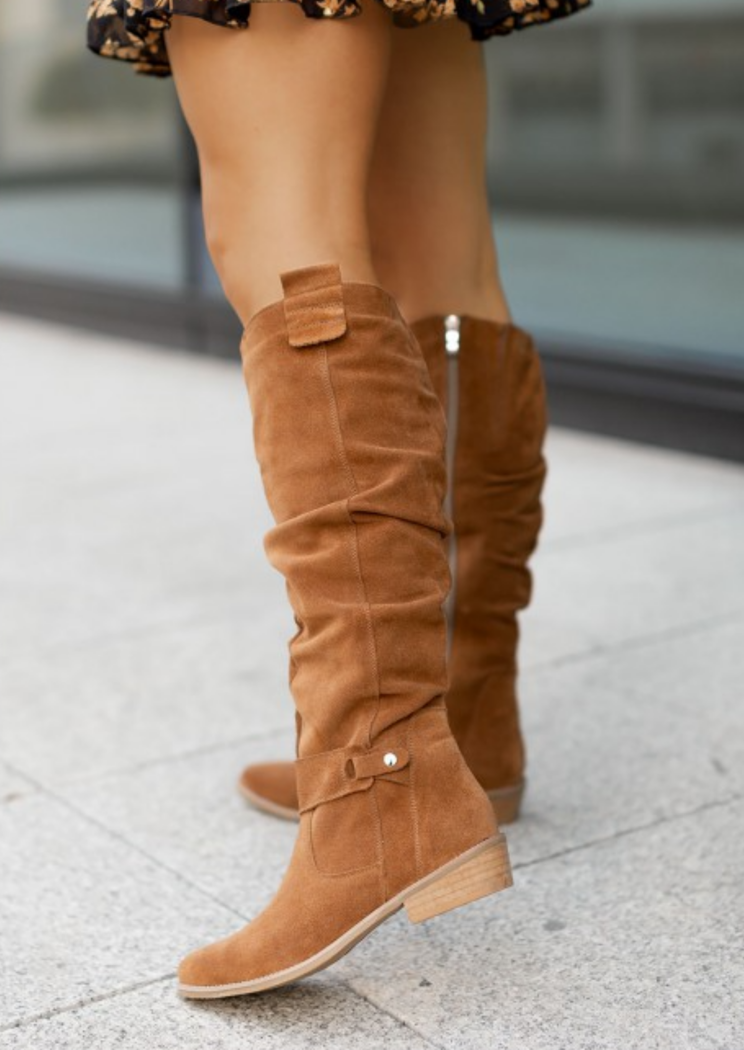 Women’s Knee-High Slouch Boots with Side Zip and Strap Detail