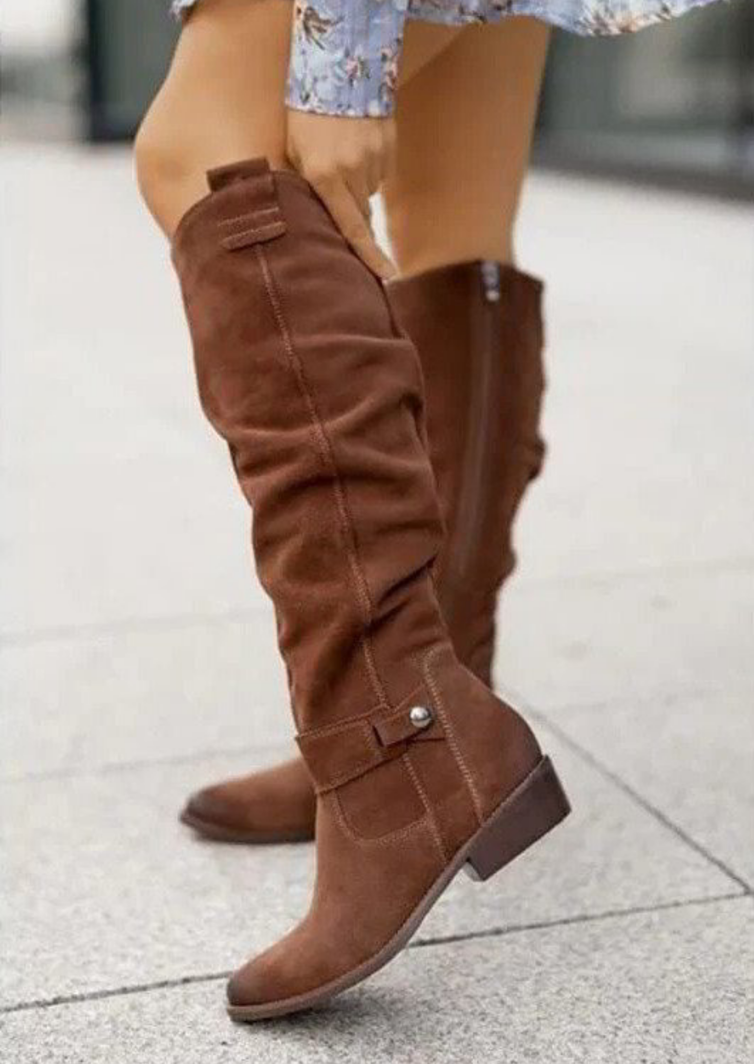 Women’s Knee-High Slouch Boots with Side Zip and Strap Detail