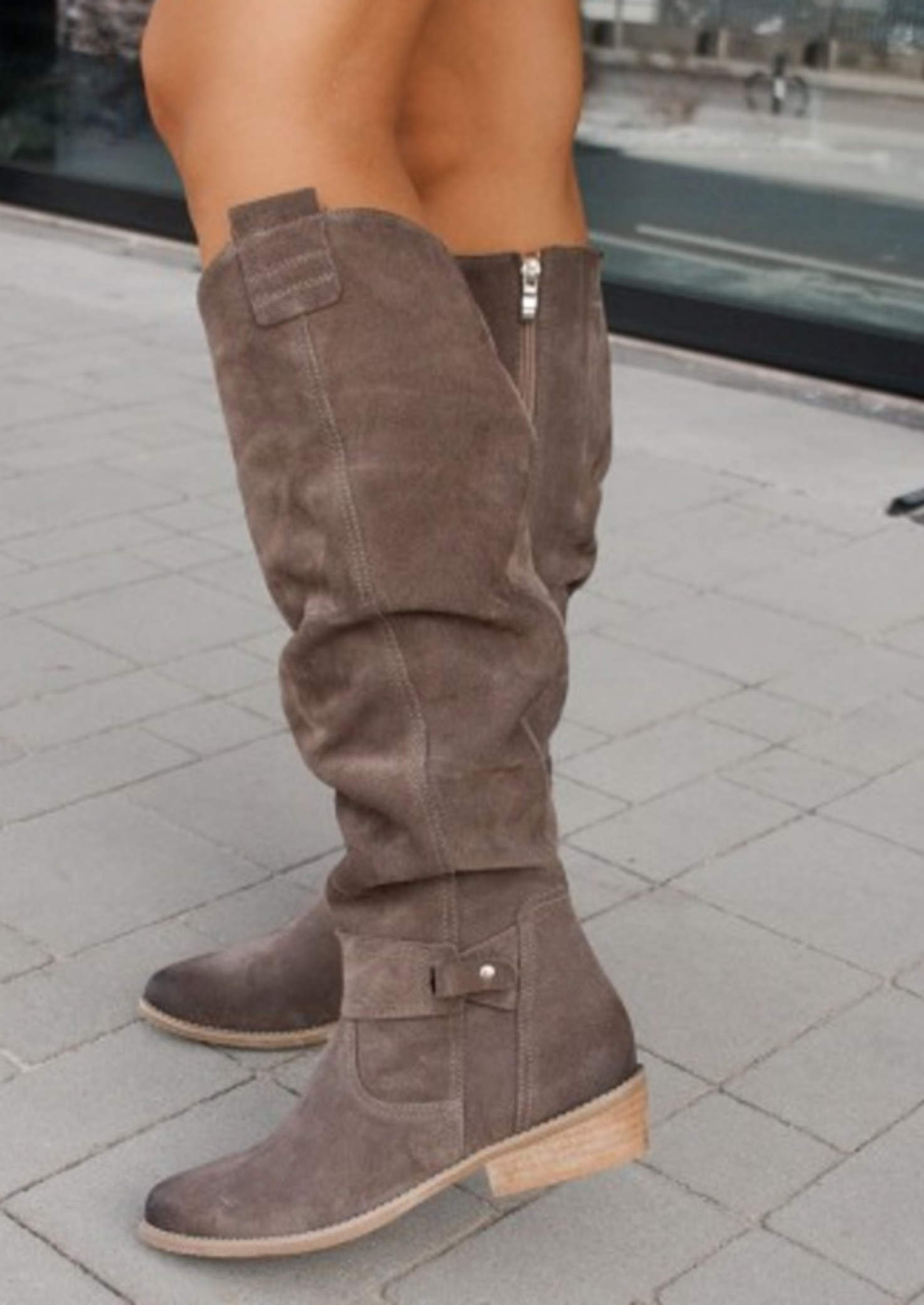 Women’s Knee-High Slouch Boots with Side Zip and Strap Detail