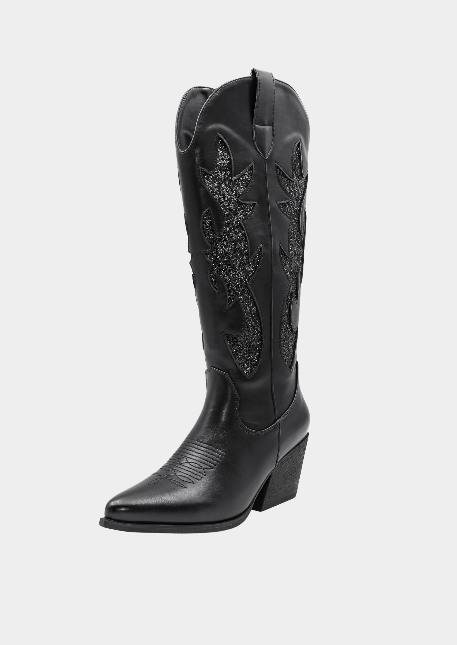 Women’s Knee-High Western Boots with Embroidered Denim Design