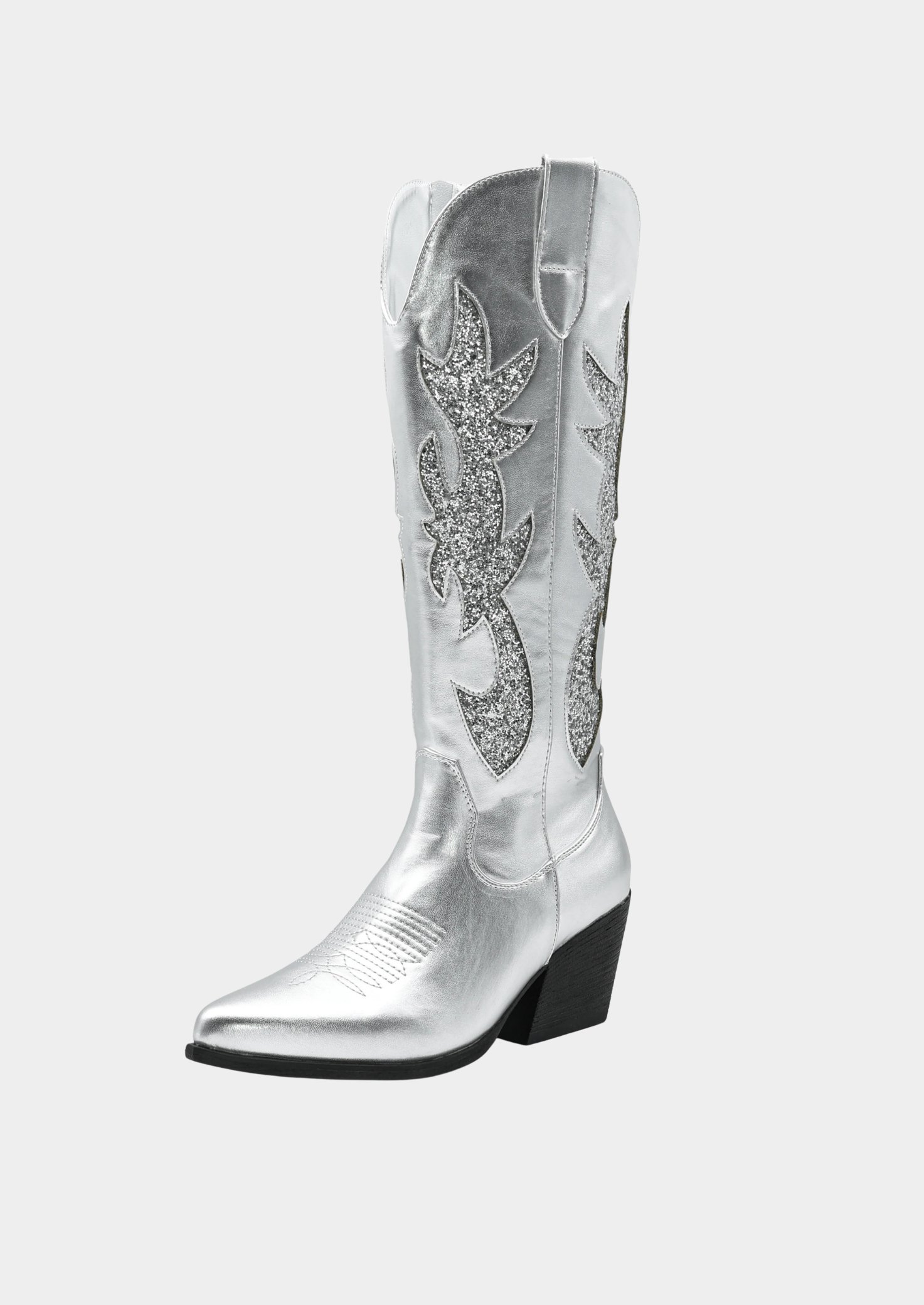 Women’s Knee-High Western Boots with Embroidered Denim Design