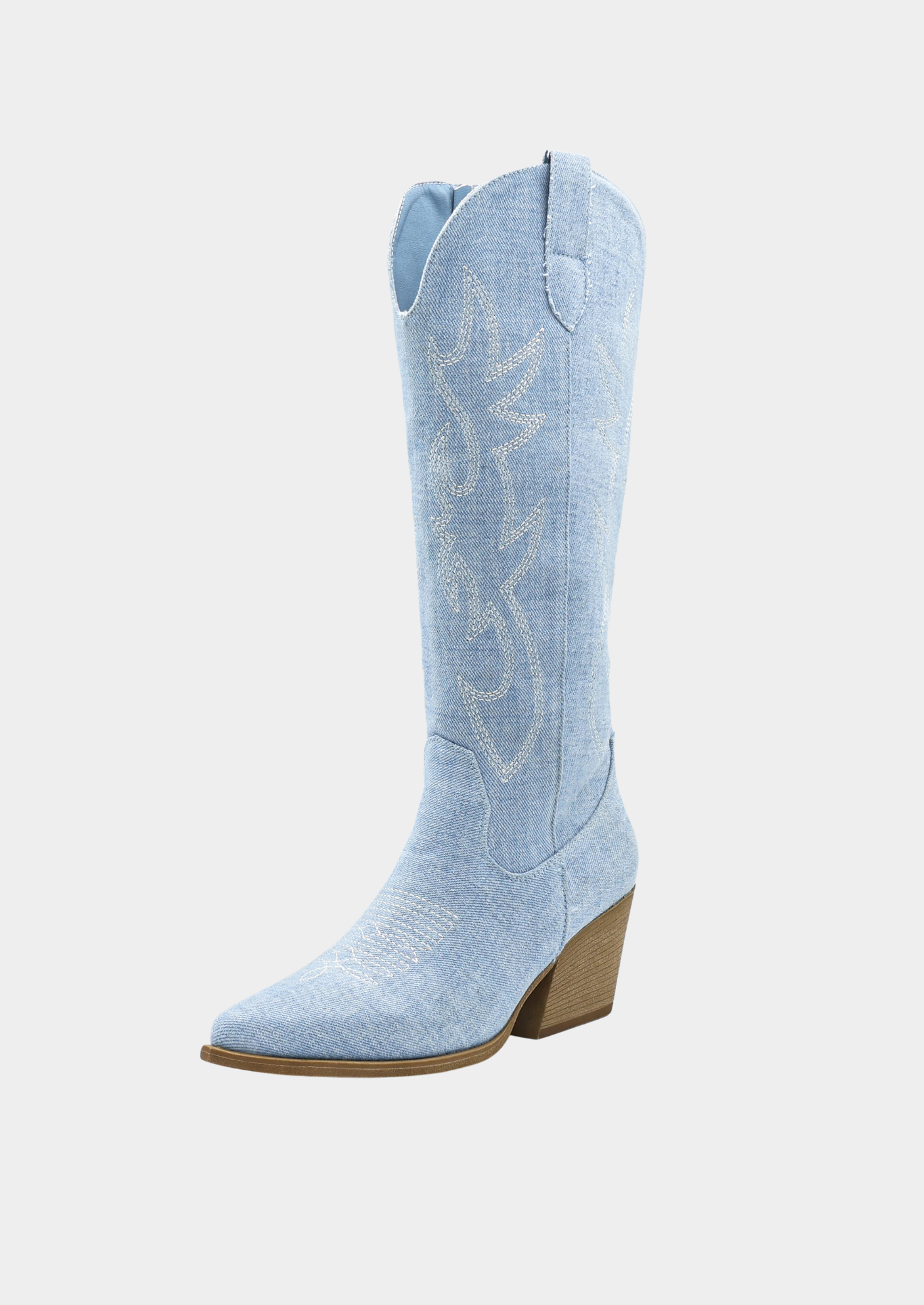 Women’s Knee-High Western Boots with Embroidered Denim Design