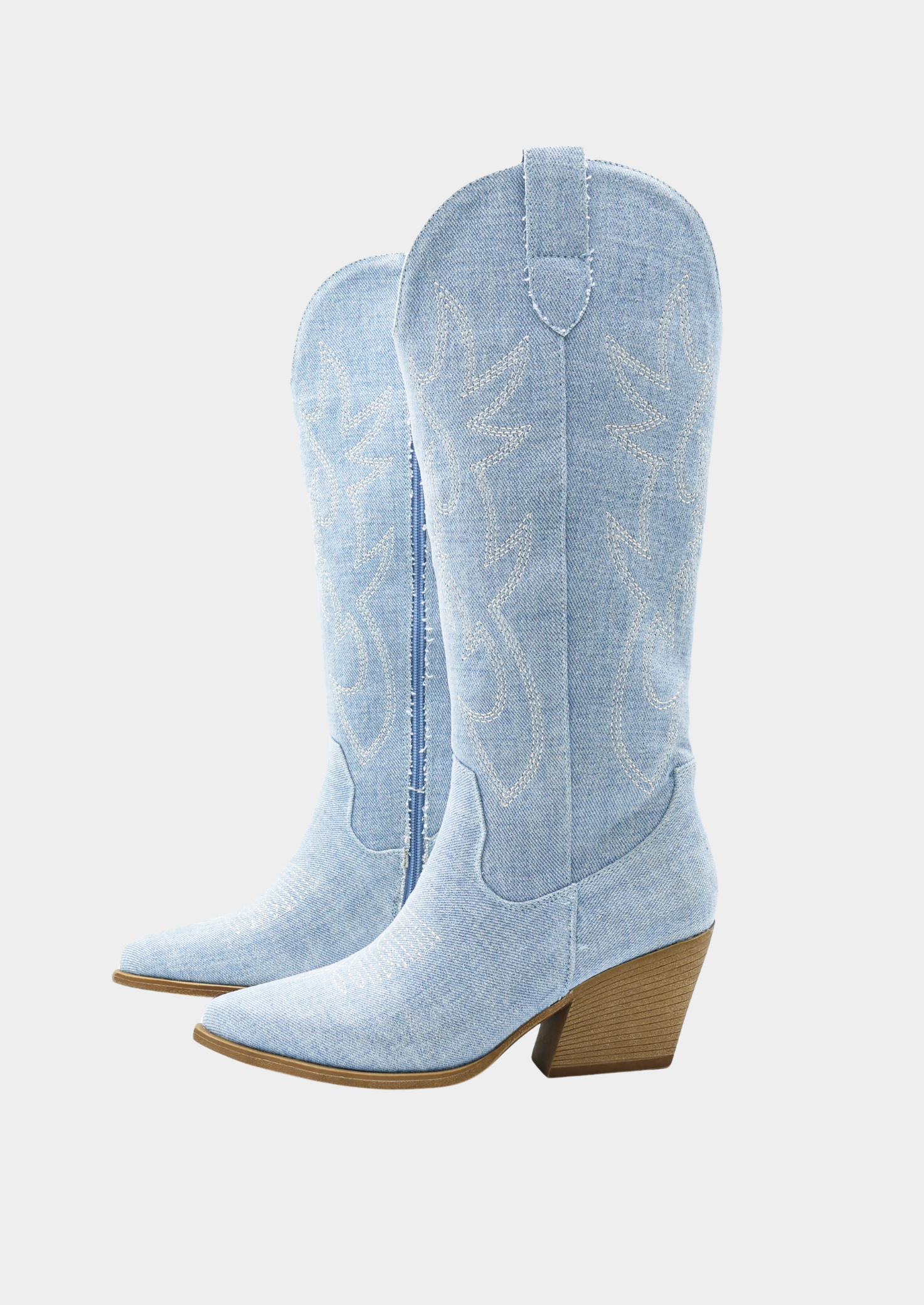 Women’s Knee-High Western Boots with Embroidered Denim Design