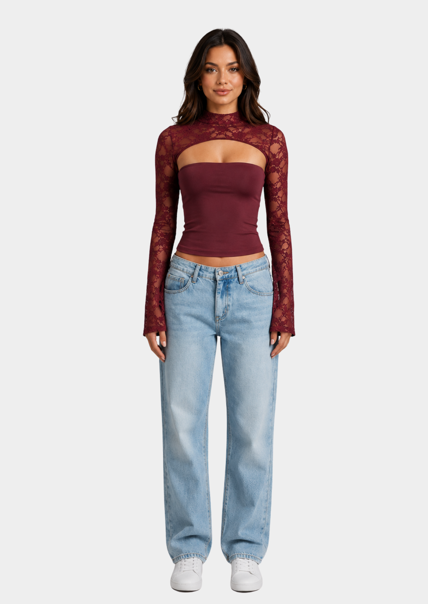 Women’s Lace Cutout Top with Mock Neck