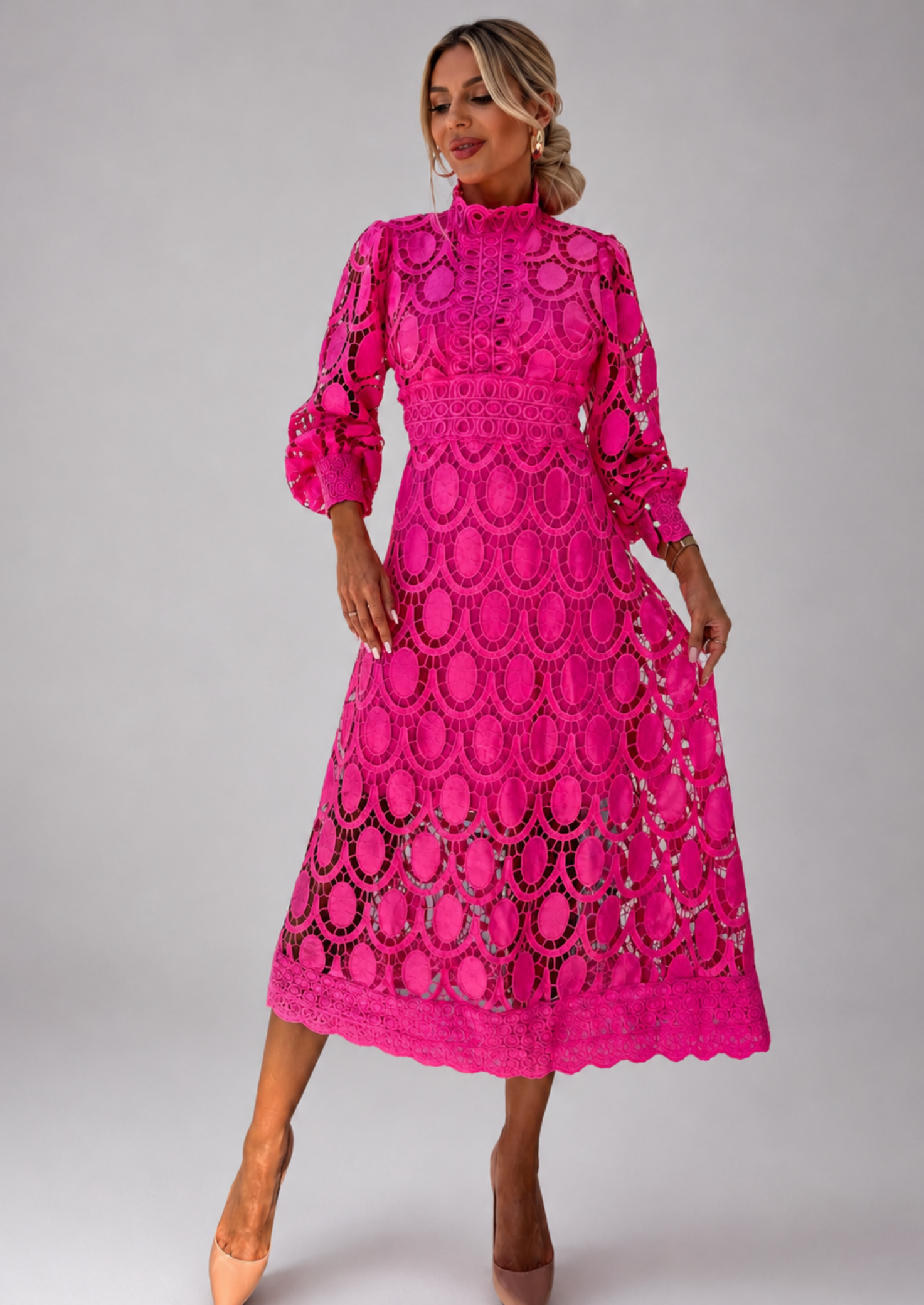 Women’s Lace Dress with Stand-Up Collar and Long Sleeves