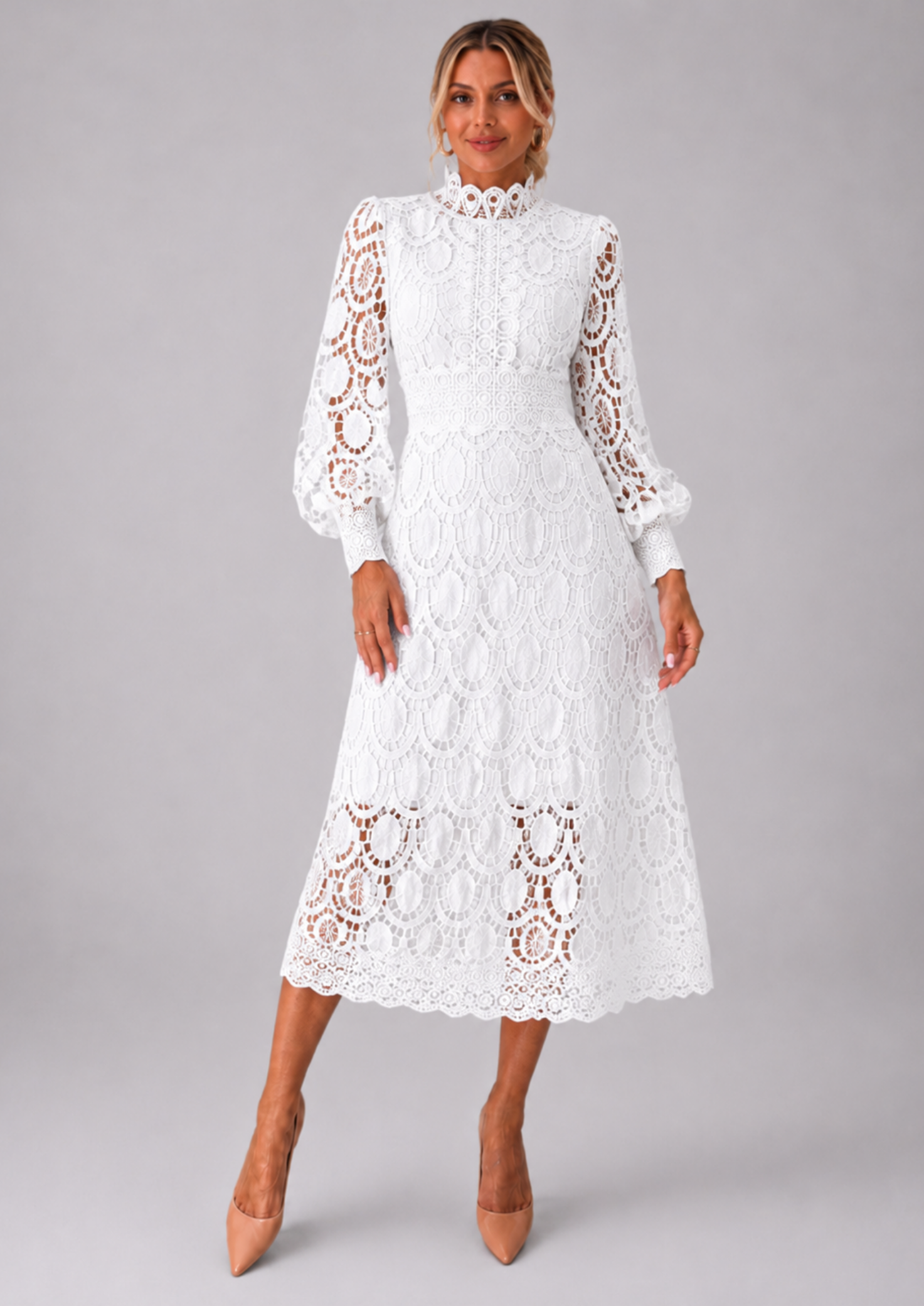 Women’s Lace Dress with Stand-Up Collar and Long Sleeves