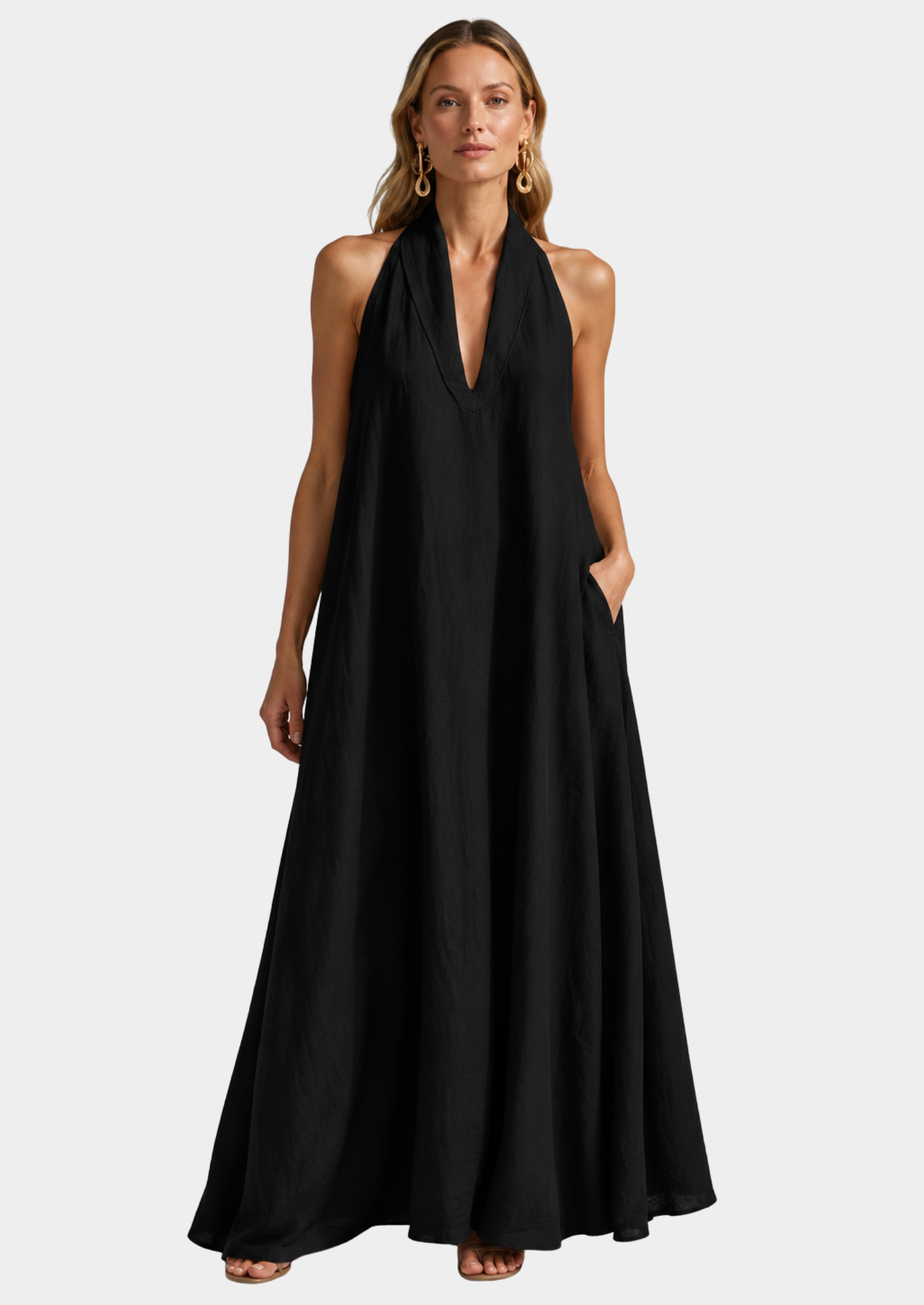 Women’s Linen Blend Maxi Dress with V-Neck