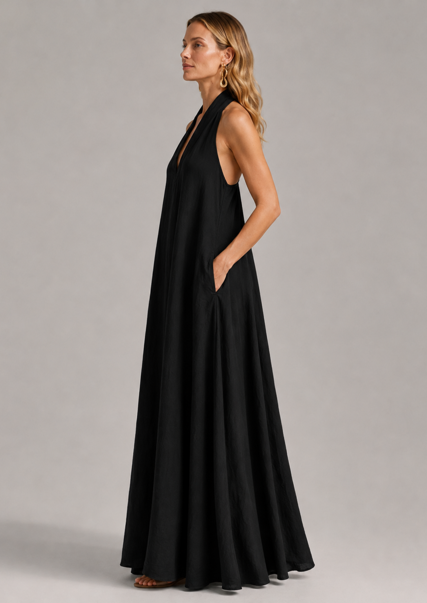 Women’s Linen Blend Maxi Dress with V-Neck