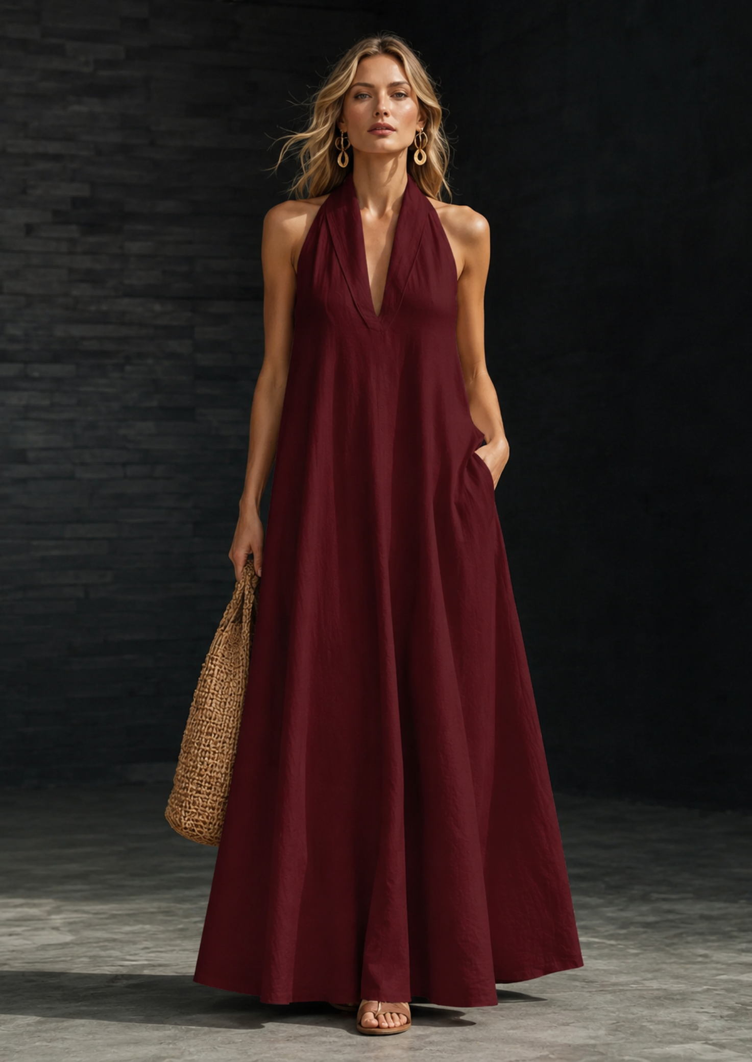 Women’s Linen Blend Maxi Dress with V-Neck