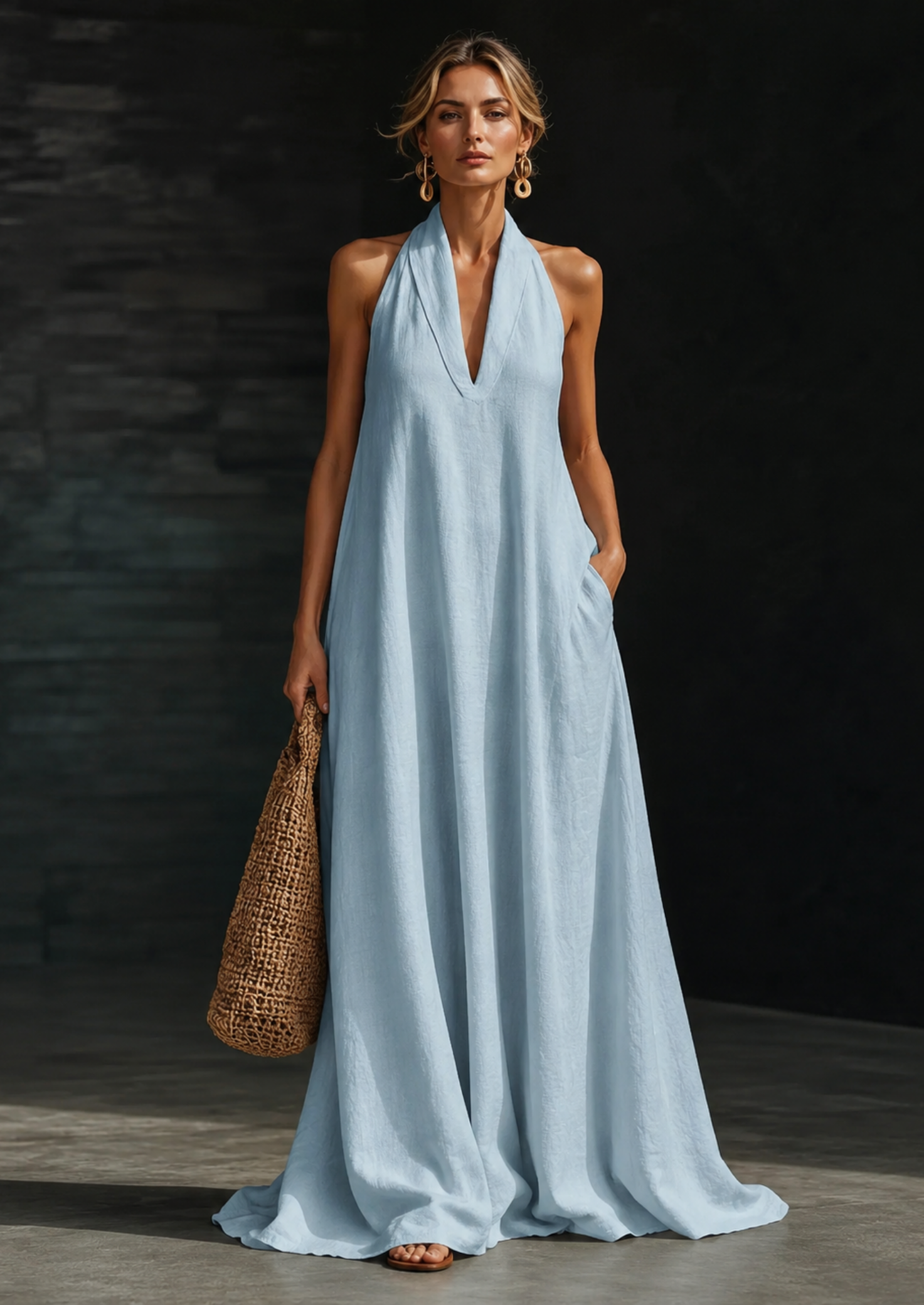Women’s Linen Blend Maxi Dress with V-Neck