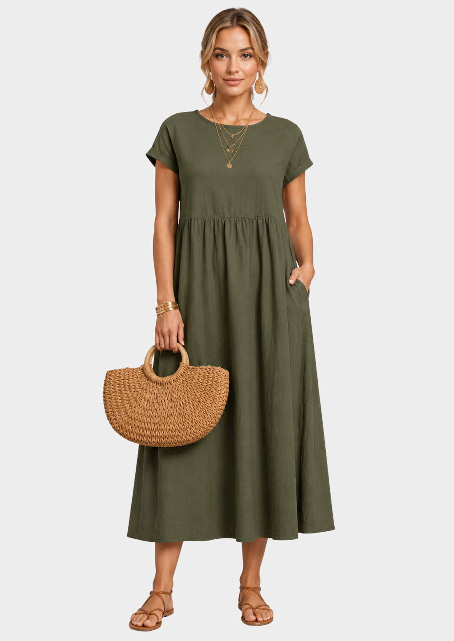 Women’s Linen Blend Midi Dress with Short Sleeves