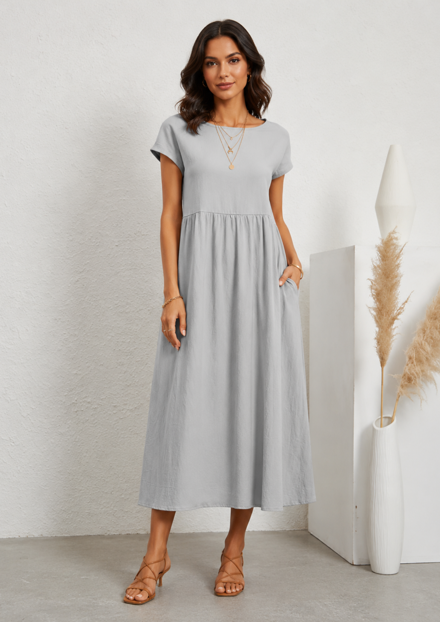 Women’s Linen Blend Midi Dress with Short Sleeves