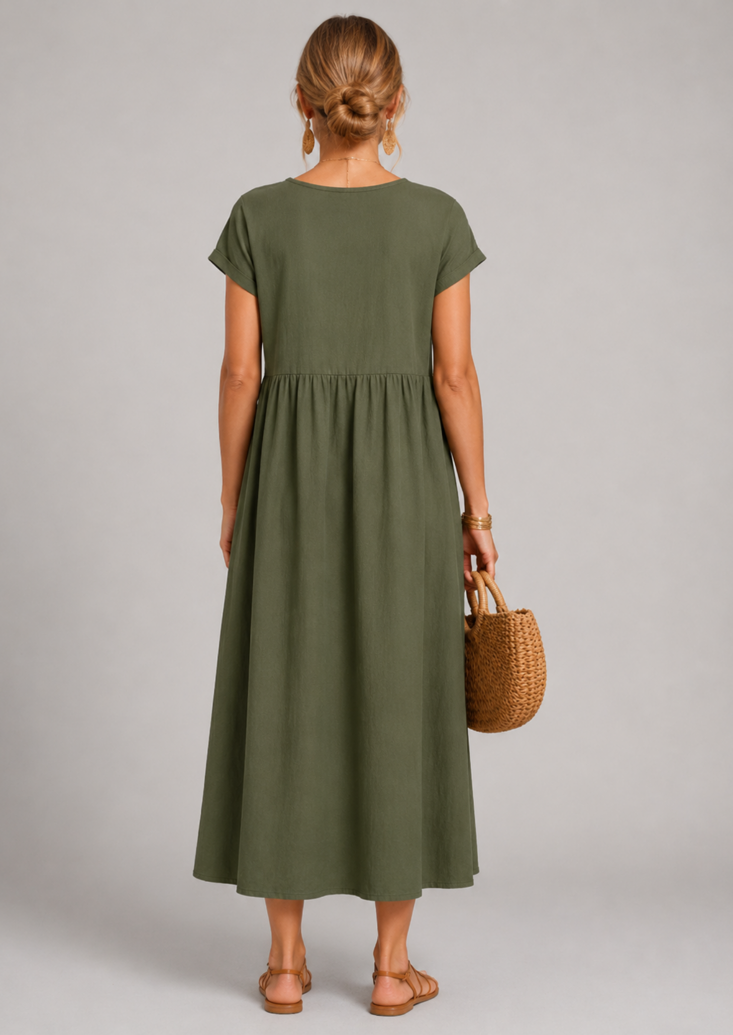 Women’s Linen Blend Midi Dress with Short Sleeves