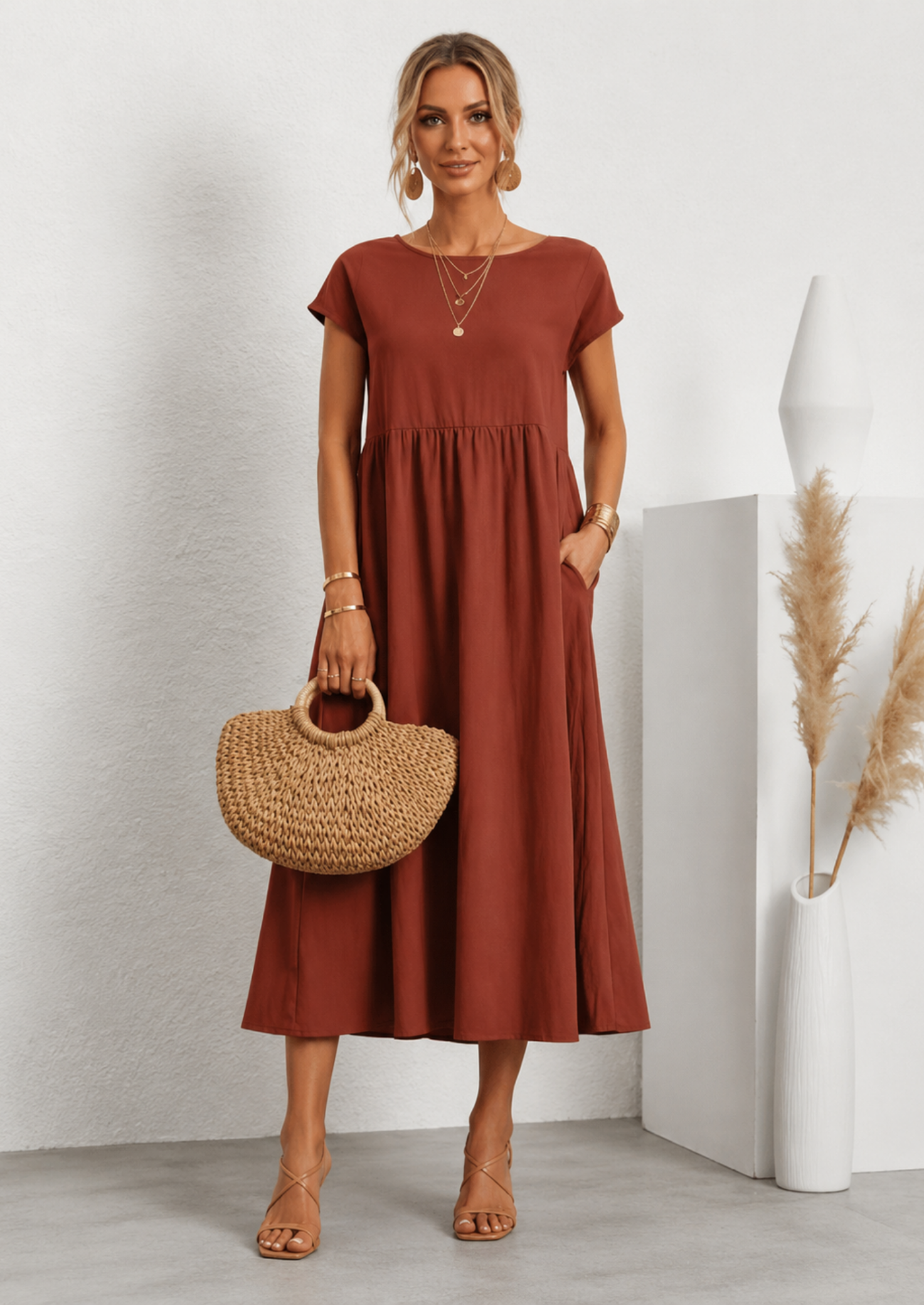 Women’s Linen Blend Midi Dress with Short Sleeves